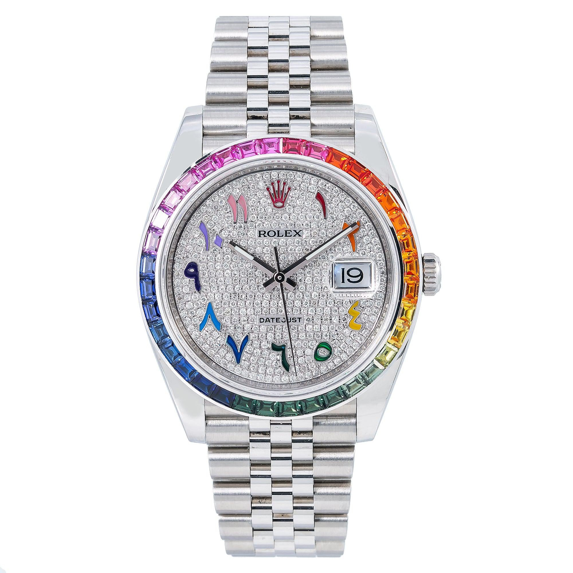 Rolex Datejust 41MM 126300 Diamond Paved Rainbow Eastern Arabic Dial Rainbow Gemstone Bezel Stainless Steel Jubilee Bracelet