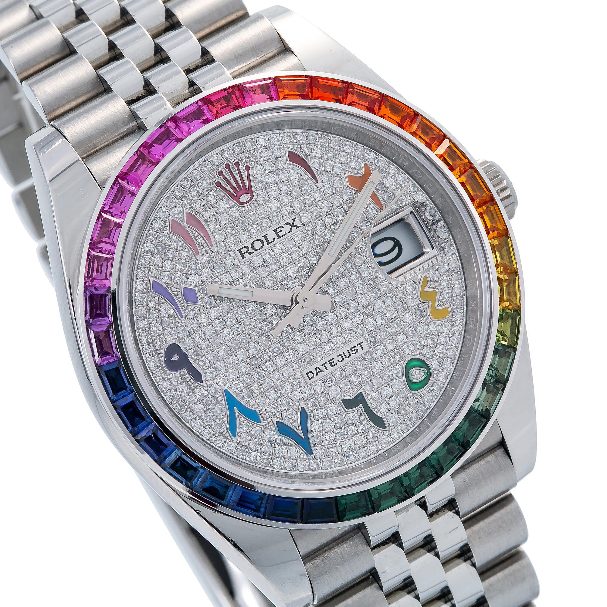 Rolex Datejust 41MM 126300 Diamond Paved Rainbow Eastern Arabic Dial Rainbow Gemstone Bezel Stainless Steel Jubilee Bracelet