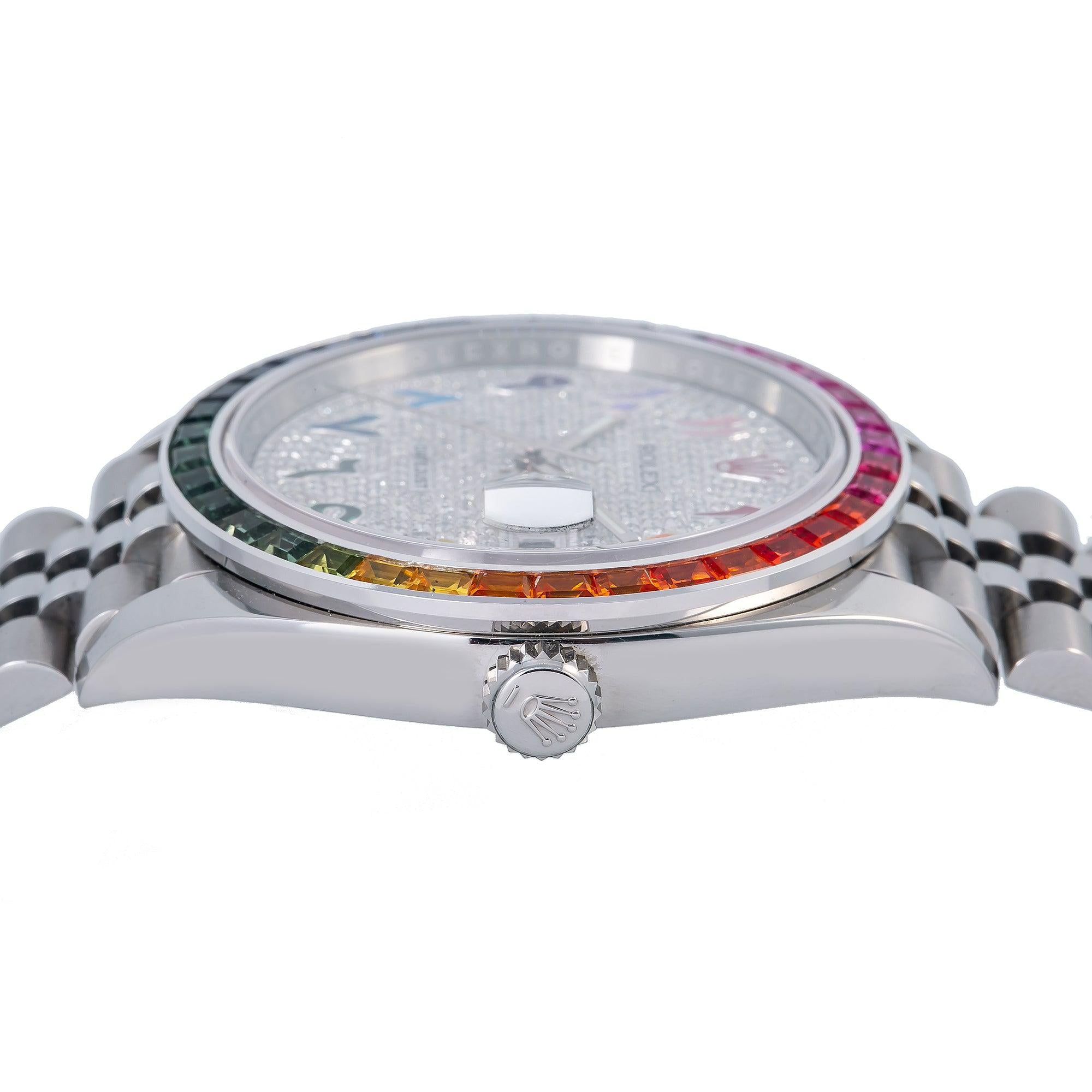 Rolex Datejust 41MM 126300 Diamond Paved Rainbow Eastern Arabic Dial Rainbow Gemstone Bezel Stainless Steel Jubilee Bracelet
