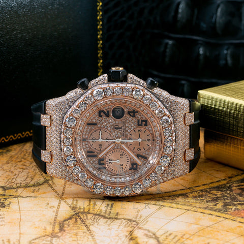 Audemars Piguet Royal Oak Offshore Chronograph Fully Diamond Rose Gold Watch Rubber Band