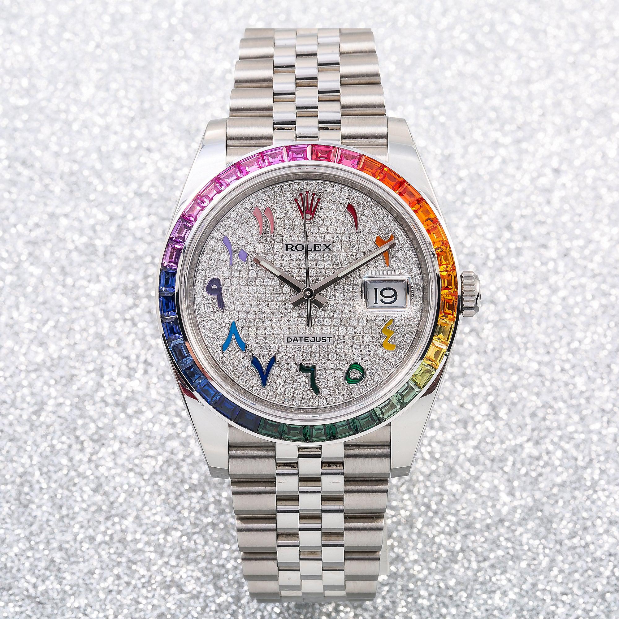 Rolex Datejust 41MM 126300 Diamond Paved Rainbow Eastern Arabic Dial Rainbow Gemstone Bezel Stainless Steel Jubilee Bracelet