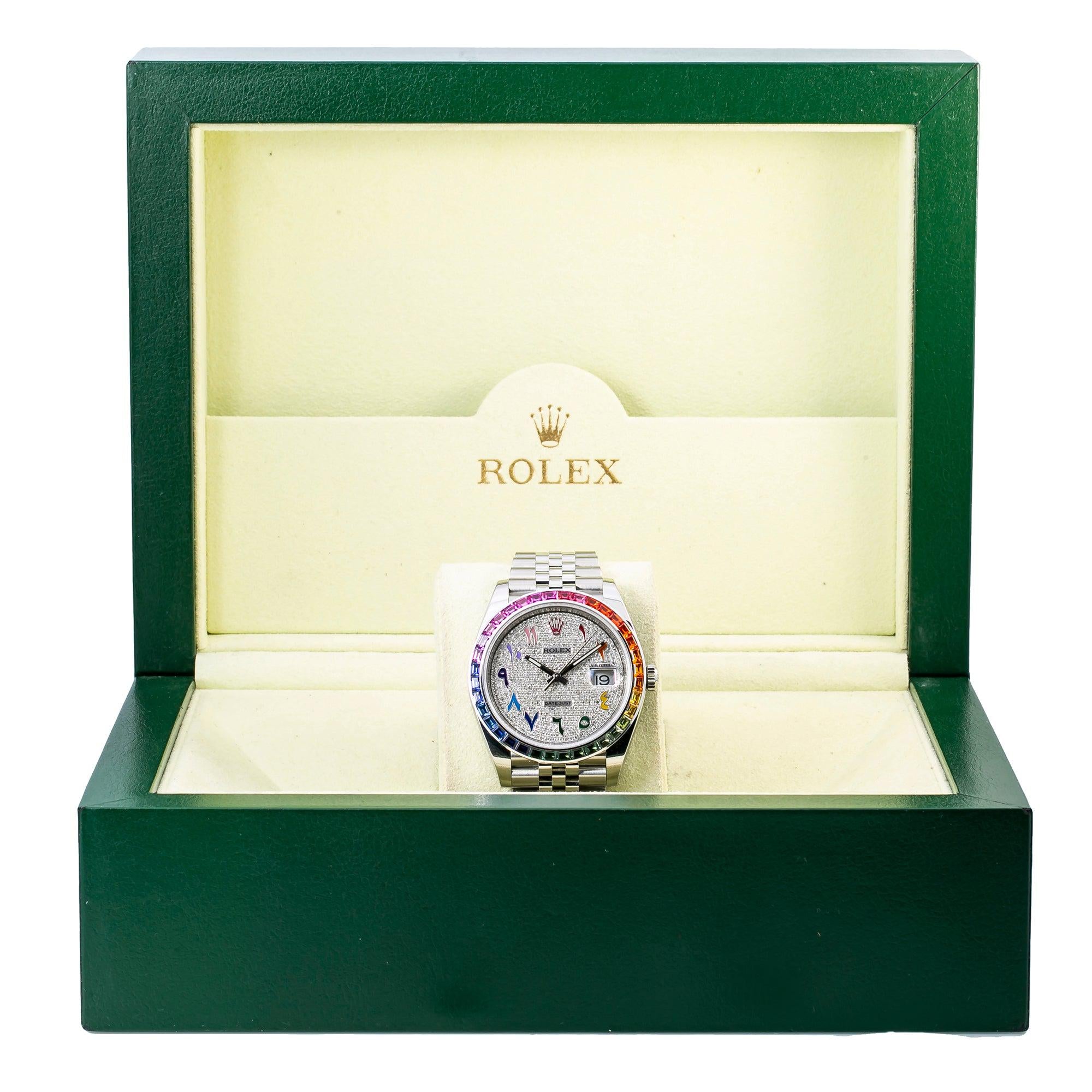 Rolex Datejust 41MM 126300 Diamond Paved Rainbow Eastern Arabic Dial Rainbow Gemstone Bezel Stainless Steel Jubilee Bracelet
