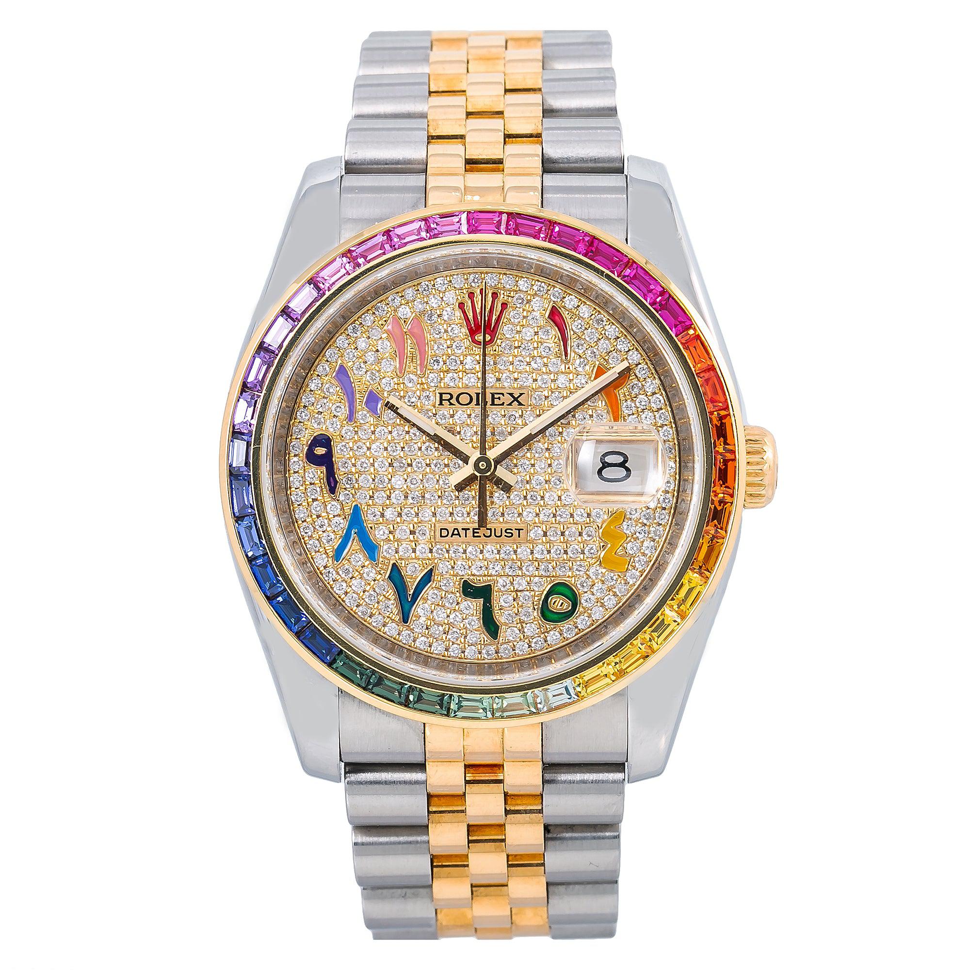 Rolex Datejust 36MM 116233 Diamond Paved Rainbow Eastern Arabic Dial Rainbow Gemstone Bezel Two Tone Jubilee Bracelet