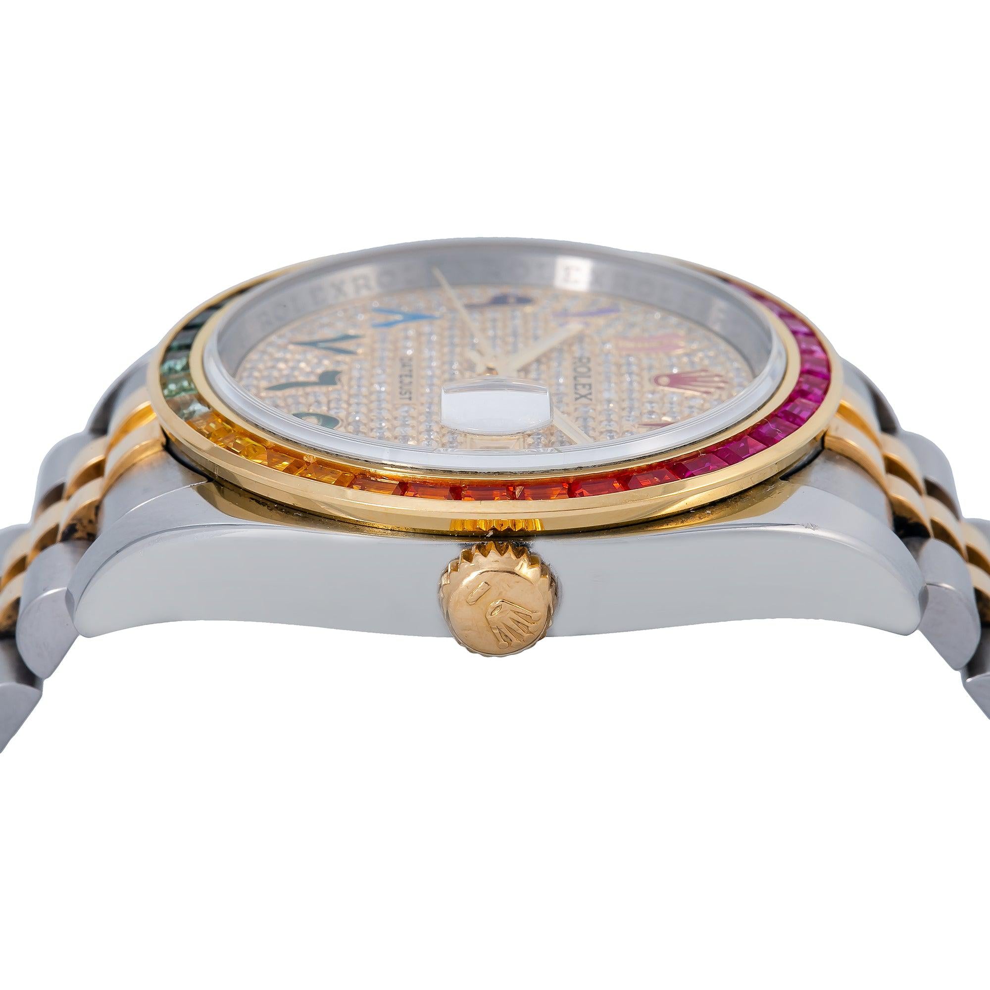 Rolex Datejust 36MM 116233 Diamond Paved Rainbow Eastern Arabic Dial Rainbow Gemstone Bezel Two Tone Yellow Gold Jubilee Bracelet
