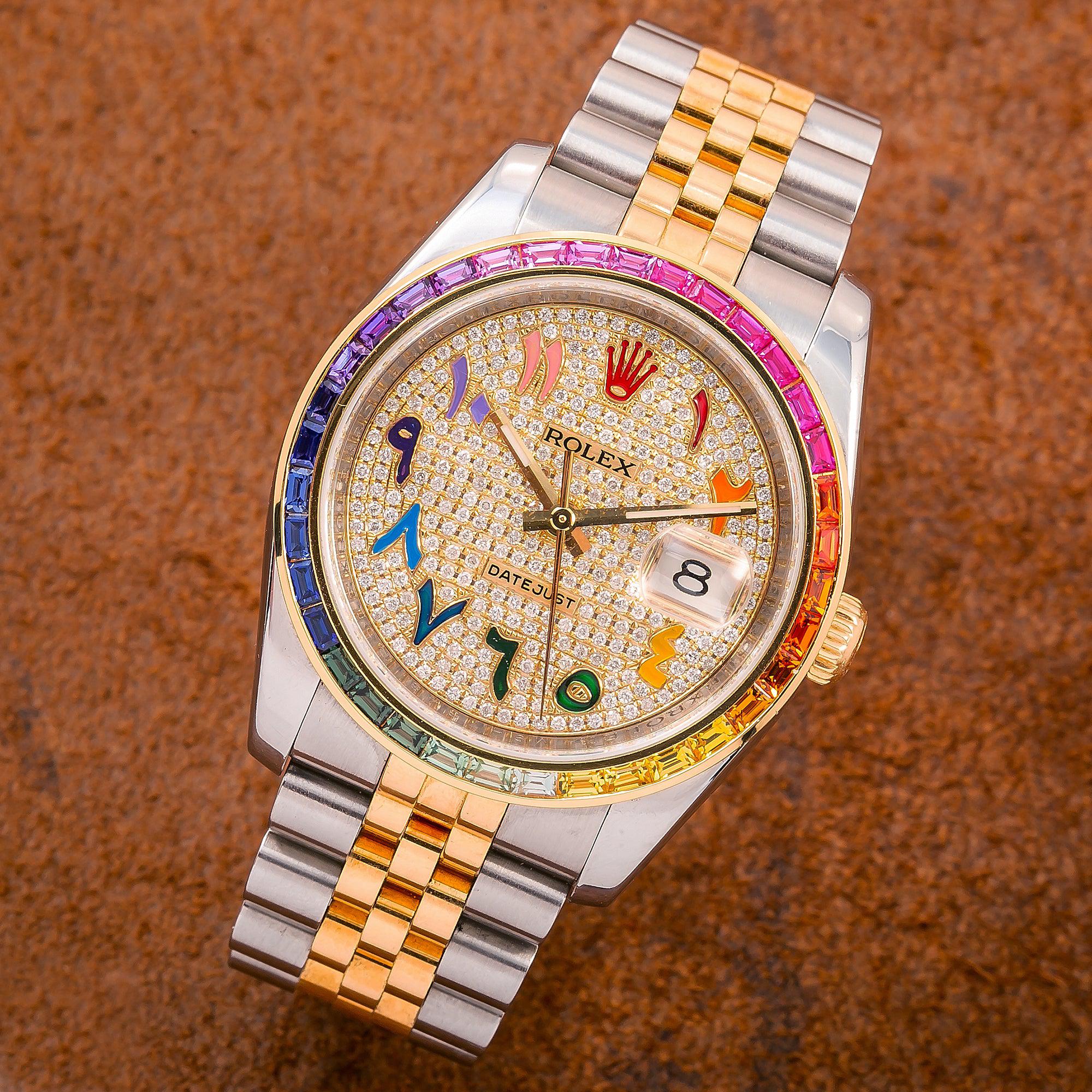 Rolex Datejust 36MM 116233 Diamond Paved Rainbow Eastern Arabic Dial Rainbow Gemstone Bezel Two Tone Yellow Gold Jubilee Bracelet