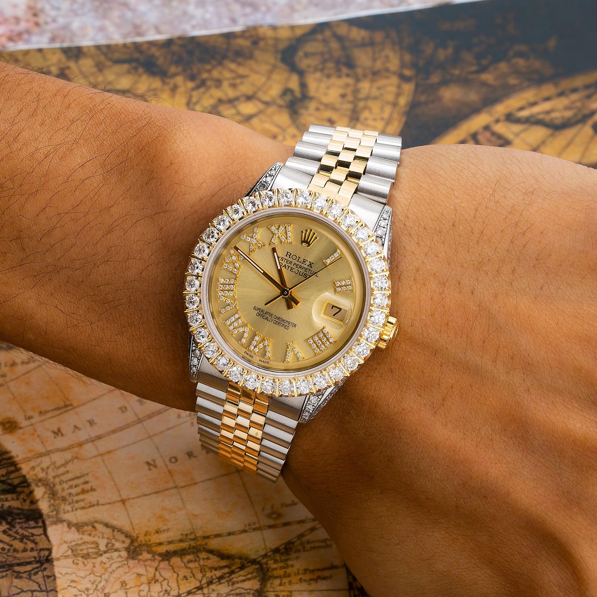 Rolex Datejust 36MM 1601 Champagne Roman Diamond Dial Diamond Bezel Two Tone Yellow Gold Jubilee Bracelet