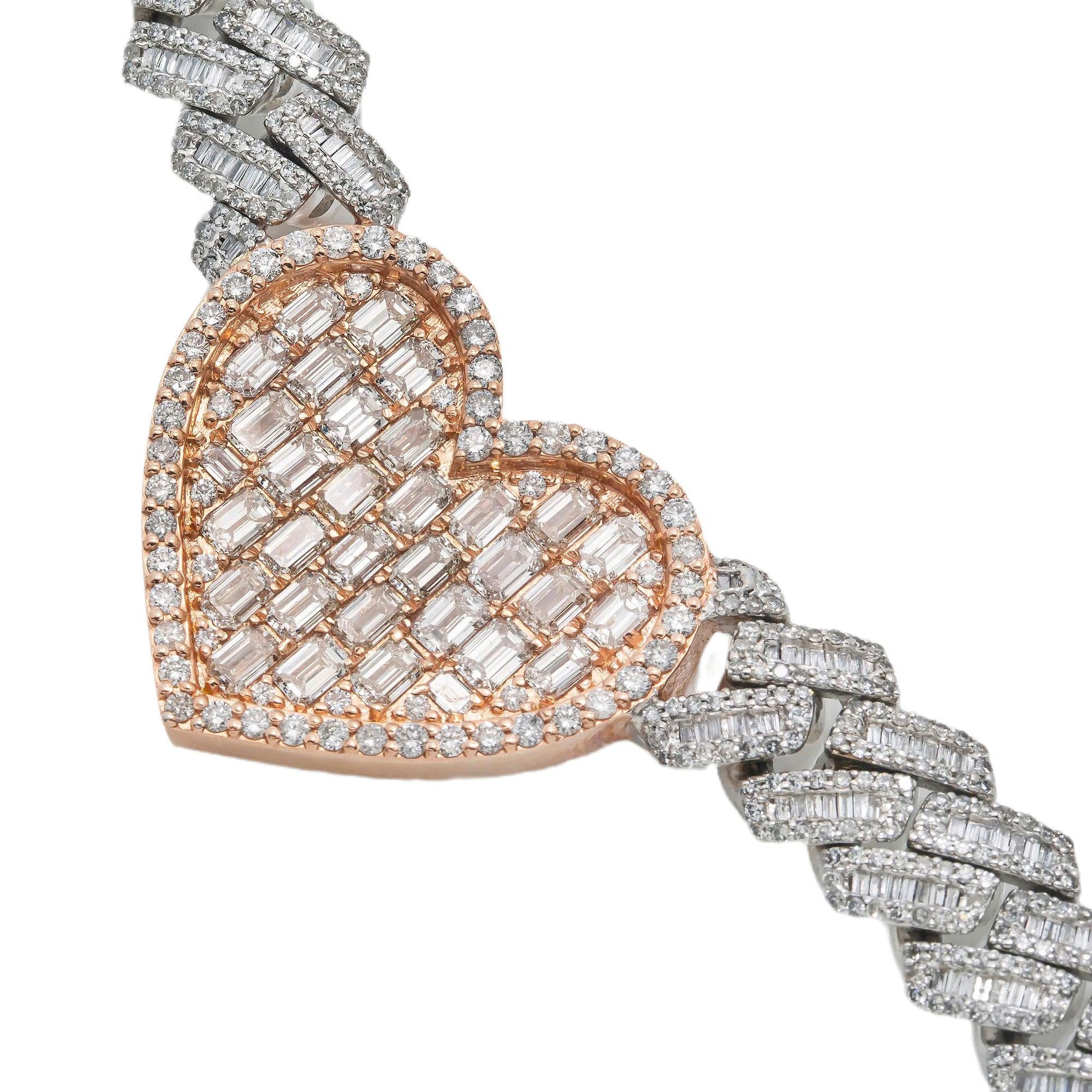 10K GOLD BAGUETTE DIAMOND 18" TWO TONE CUBAN LINK HEART CHAIN 23.16 CT