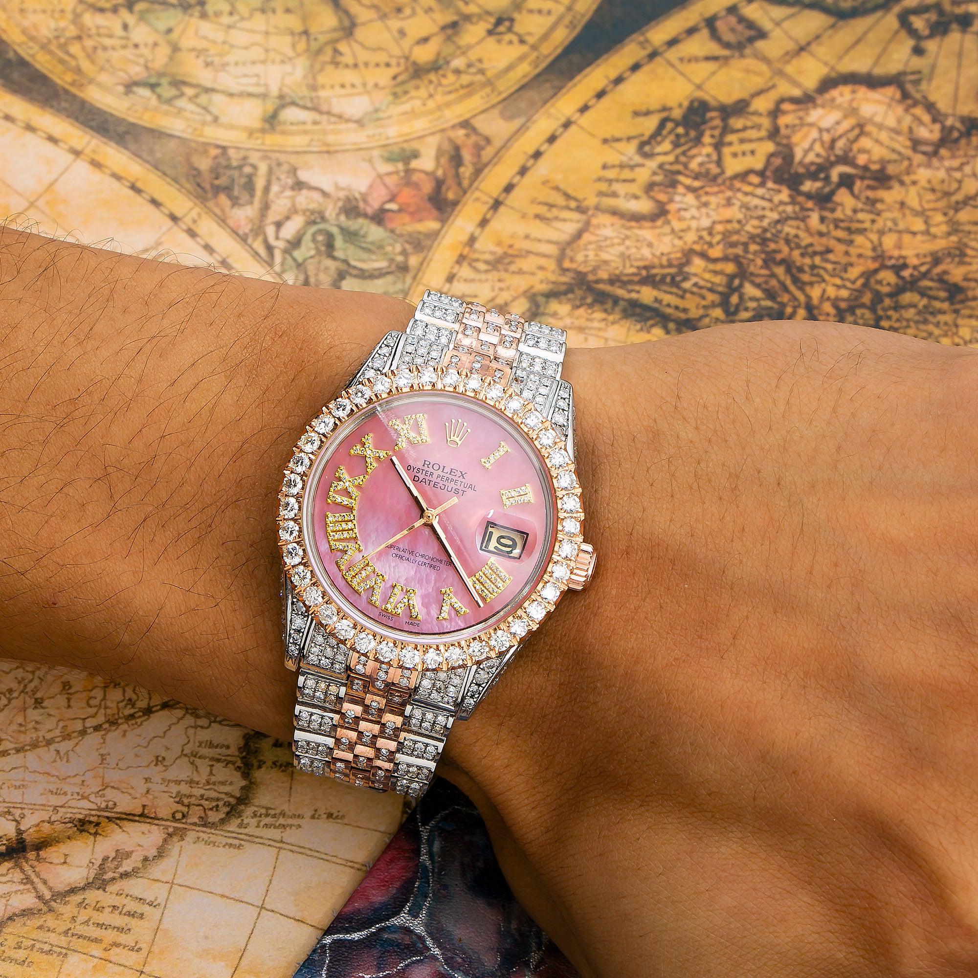 Rolex Datejust 36MM 1601 Pink Mother of Pearl Roman Diamond Dial Diamond Bezel Two Tone Rose Gold Full Diamond Jubilee Bracelet
