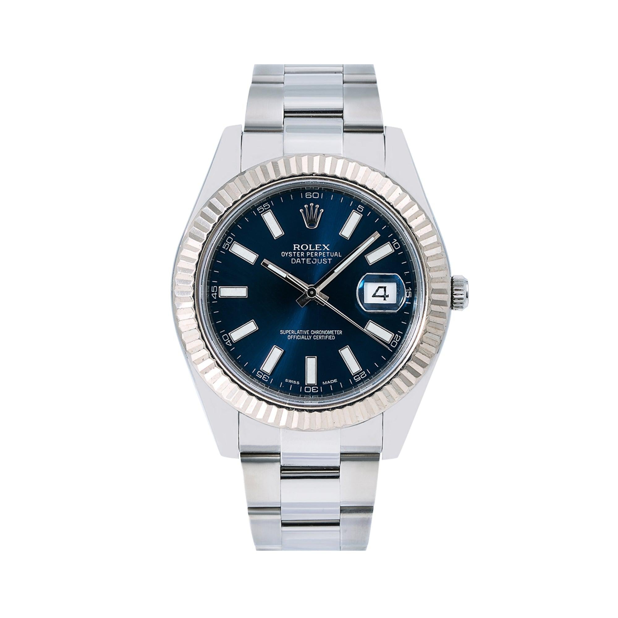 Rolex Datejust 41MM 116334 Blue Dial White Gold Fluted Bezel Stainless Steel Oyster Bracelet