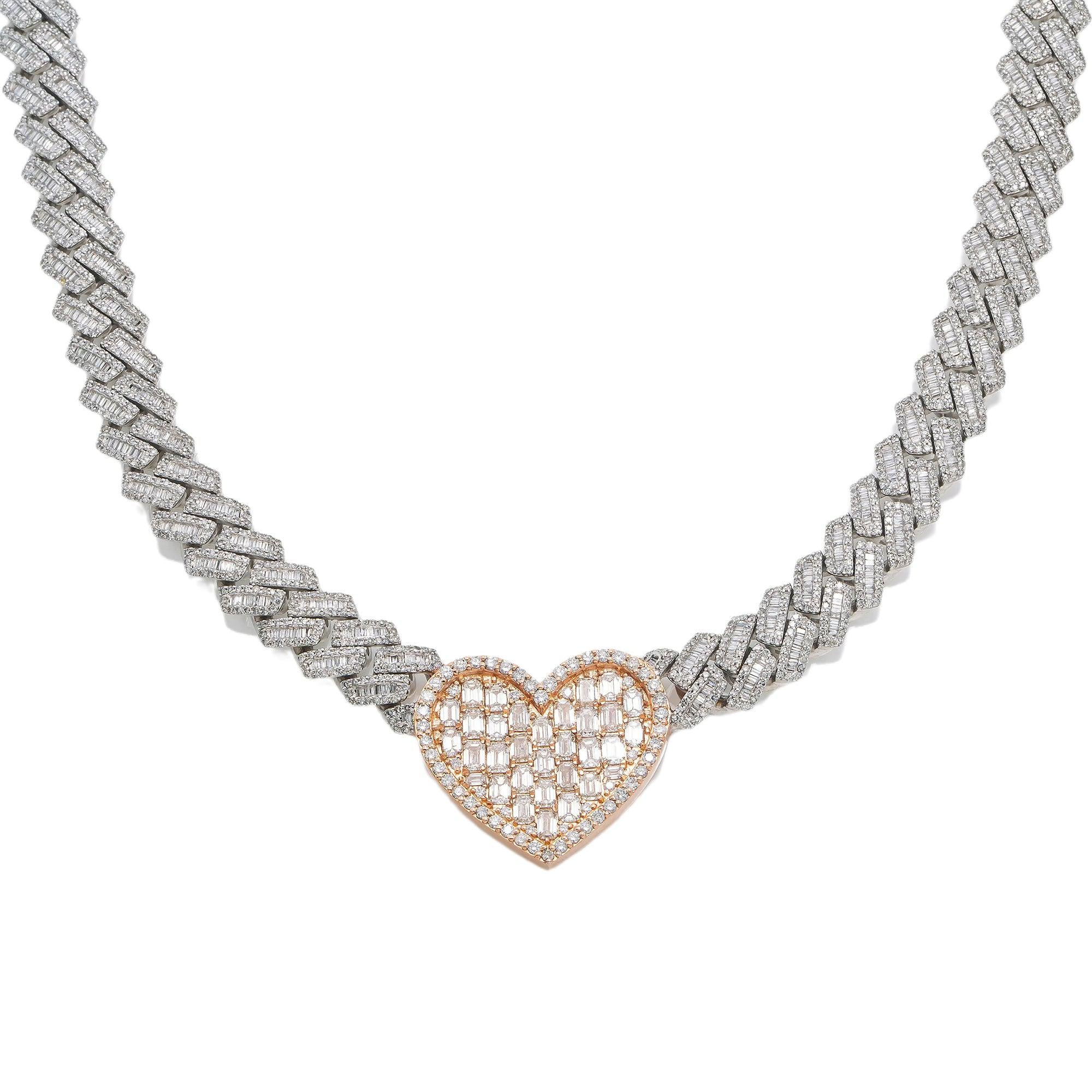 10K GOLD BAGUETTE DIAMOND 18" TWO TONE CUBAN LINK HEART CHAIN 23.16 CT