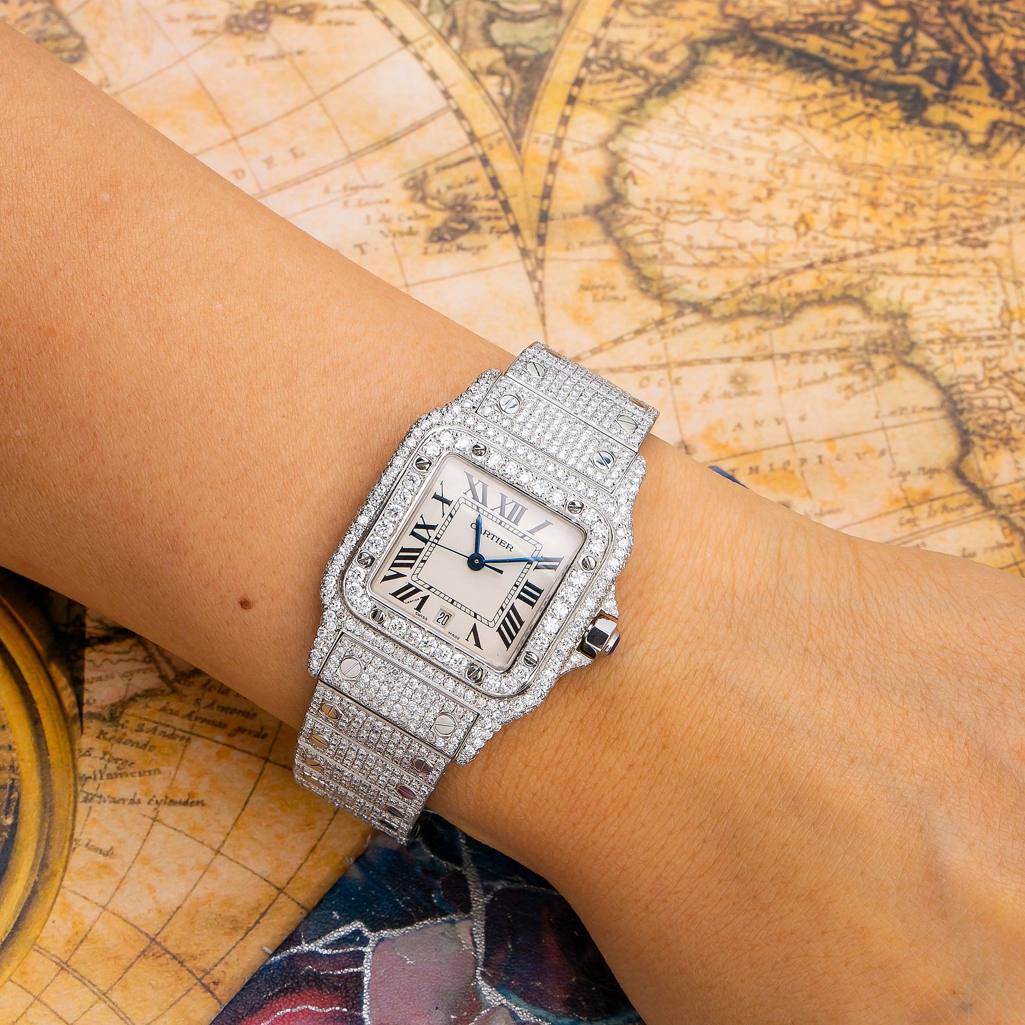 Cartier Santos Galbée 29MM 1564 Silver Roman Dial Diamond Bezel Stainless Steel Full Diamond Bracelet