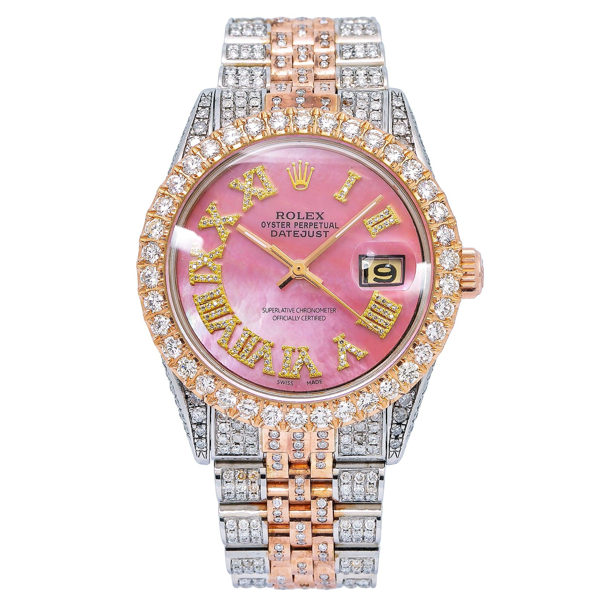 Rolex Datejust 36MM 1601 Pink Mother of Pearl Roman Dial Diamond Bezel Two Tone Full Diamond Jubilee Bracelet