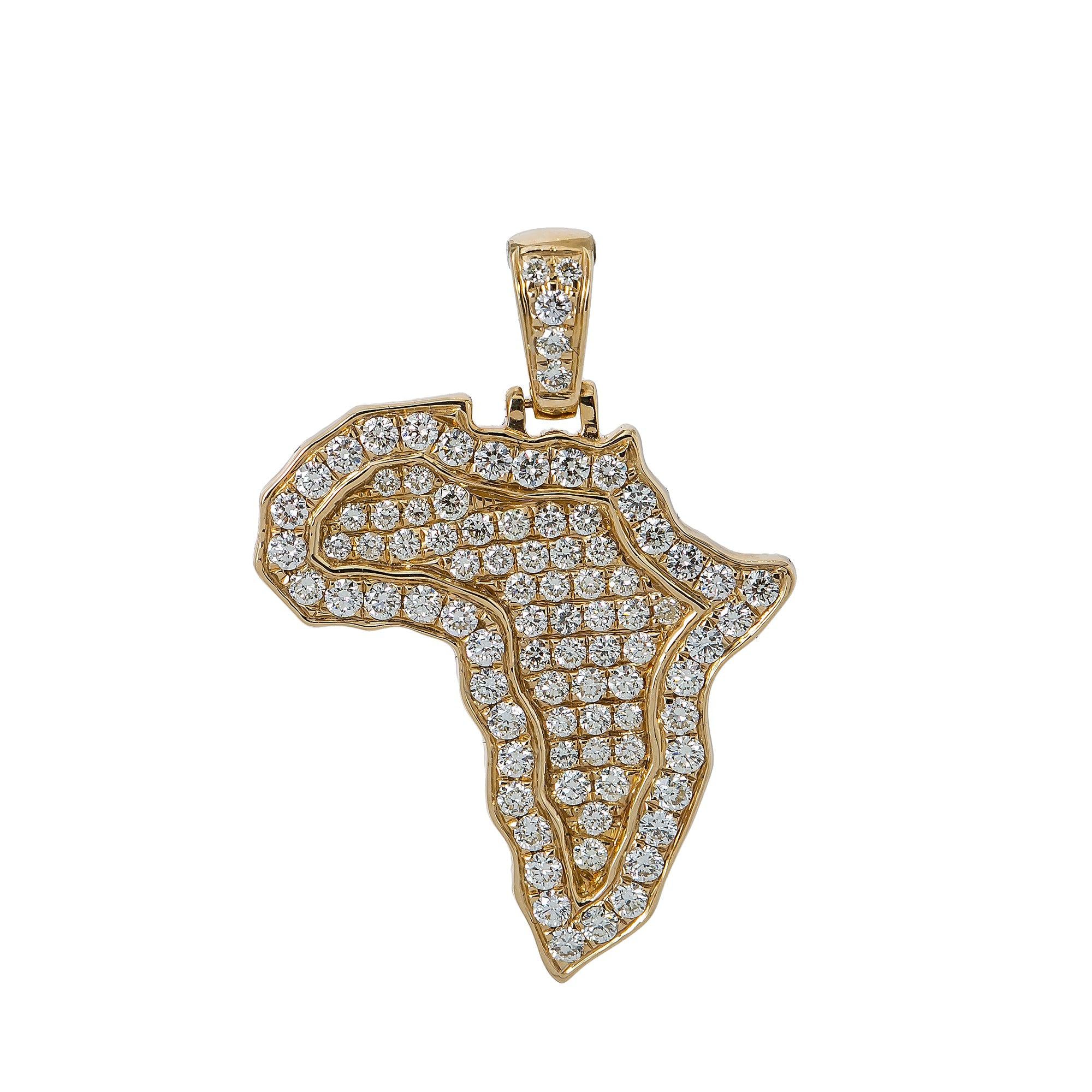 Unisex 14K Yellow Gold Africa Pendant with 3.01 CT Diamonds