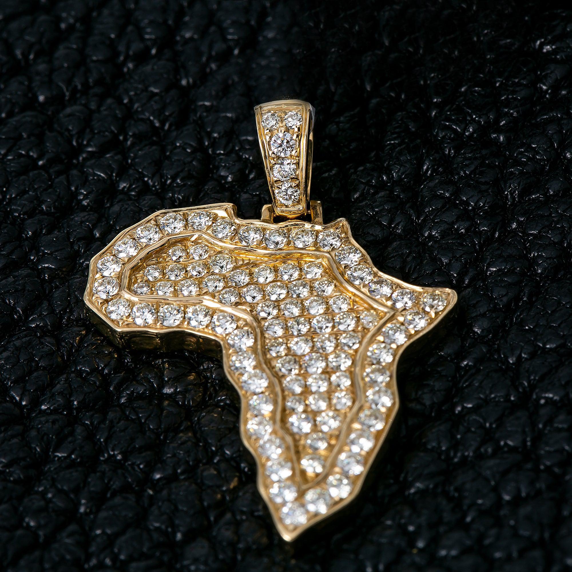 Unisex 14K Yellow Gold Africa Pendant with 3.01 CT Diamonds