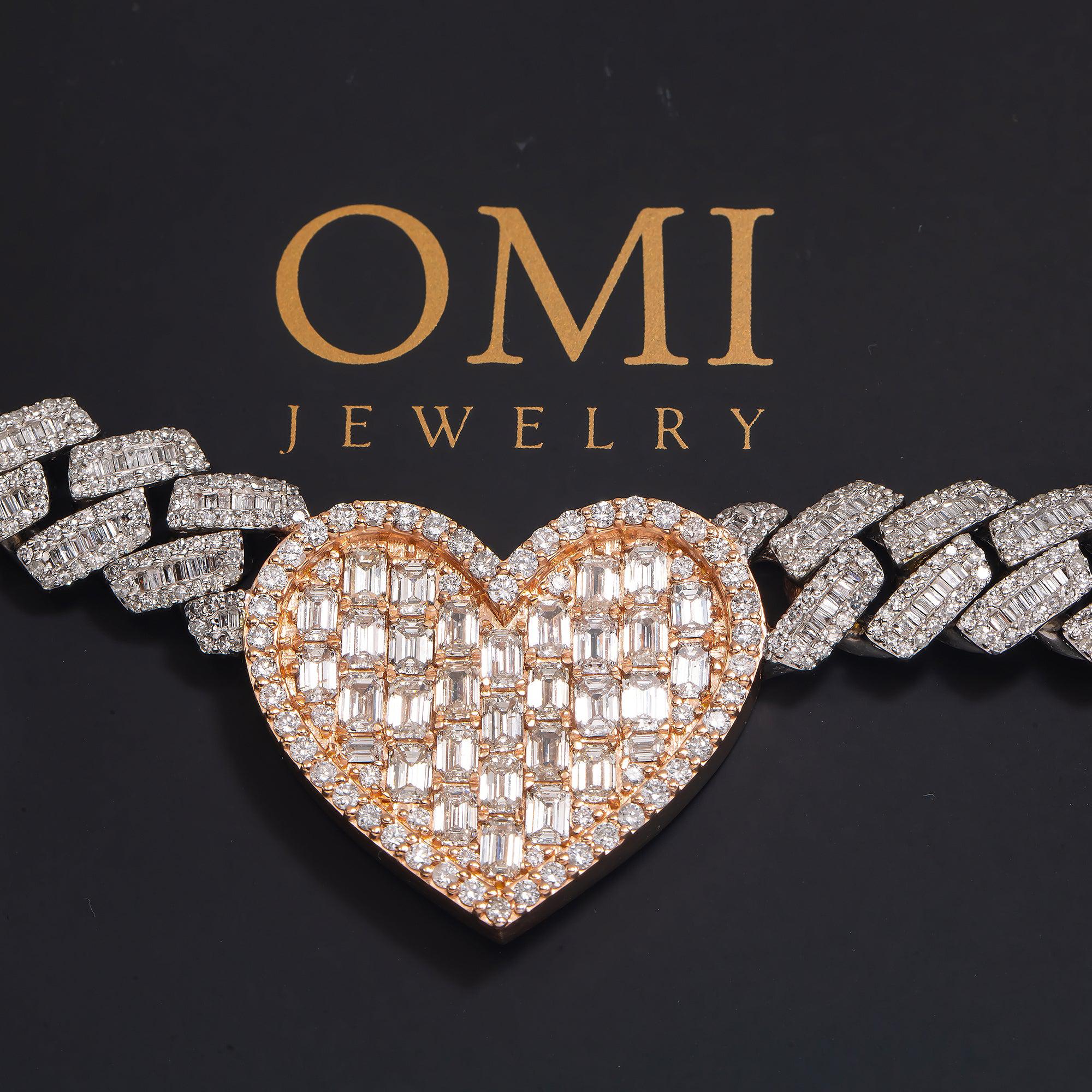 10K GOLD BAGUETTE DIAMOND 18" TWO TONE CUBAN LINK HEART CHAIN 23.16 CT