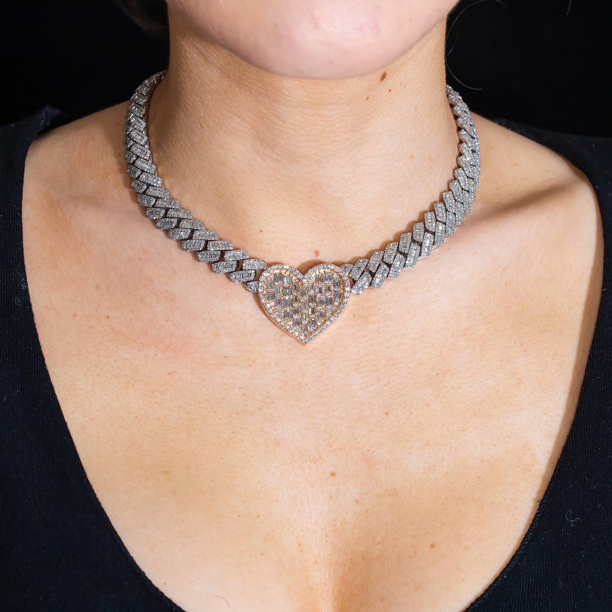 10K GOLD BAGUETTE DIAMOND 18" TWO TONE CUBAN LINK HEART CHAIN 23.16 CT