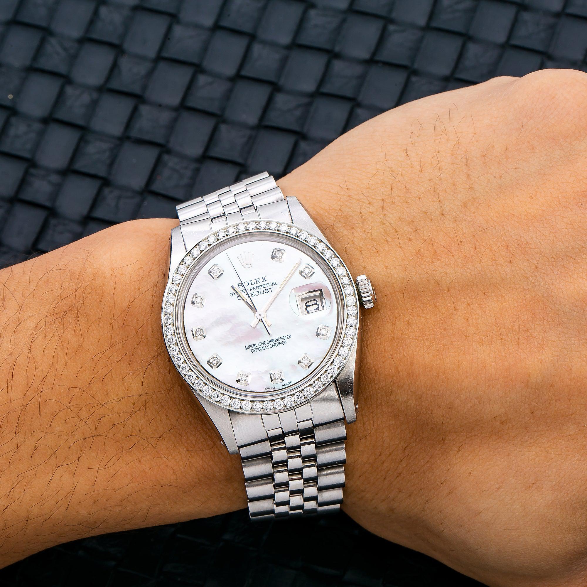 Rolex Datejust 36MM 1601 White Mother of Pearl Diamond Dial Diamond Bezel Stainless Steel Jubilee Bracelet 1.1ct