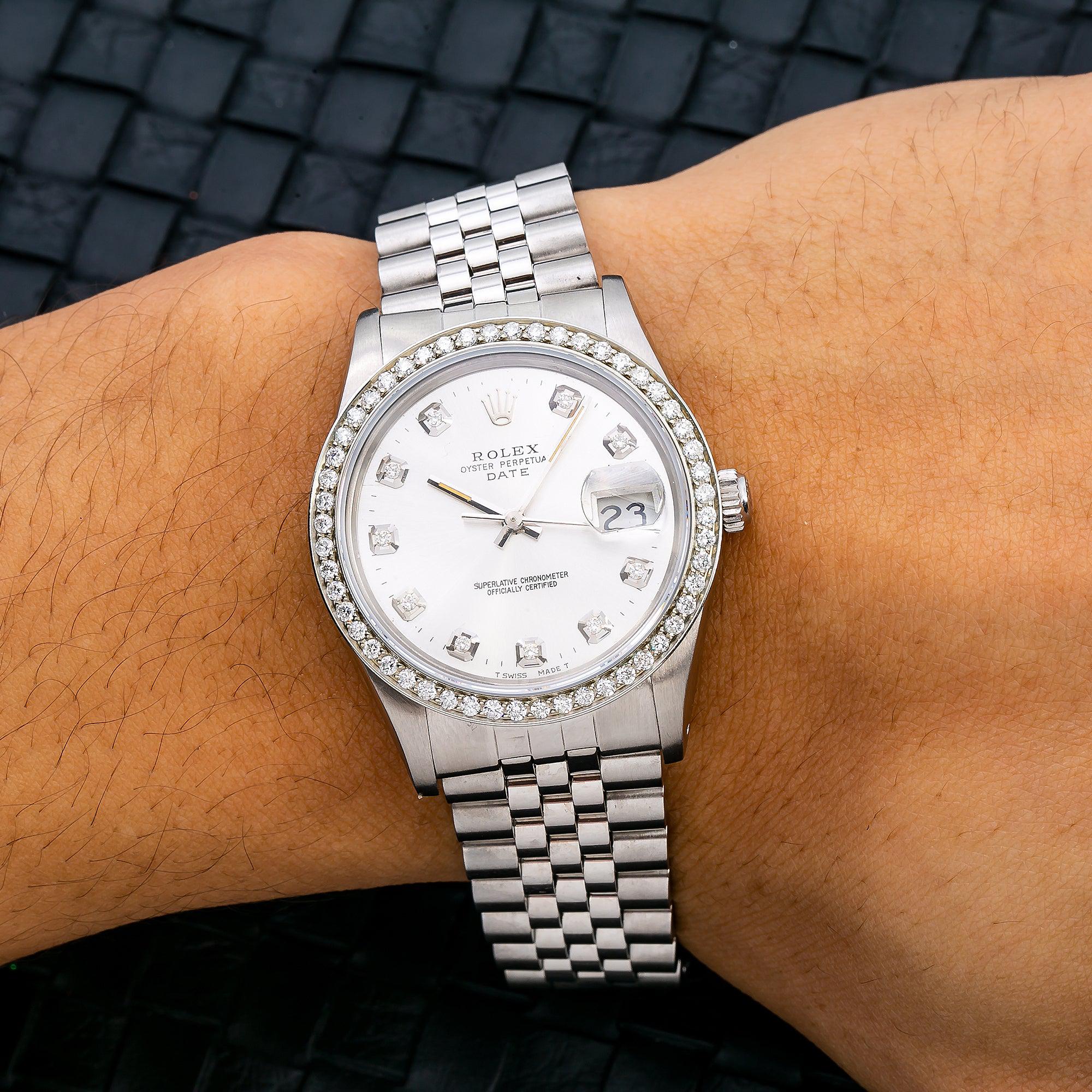 Rolex Date 34MM 15200 Silver Diamond Dial Diamond Bezel Stainless Steel Jubilee Bracelet 1.2ct