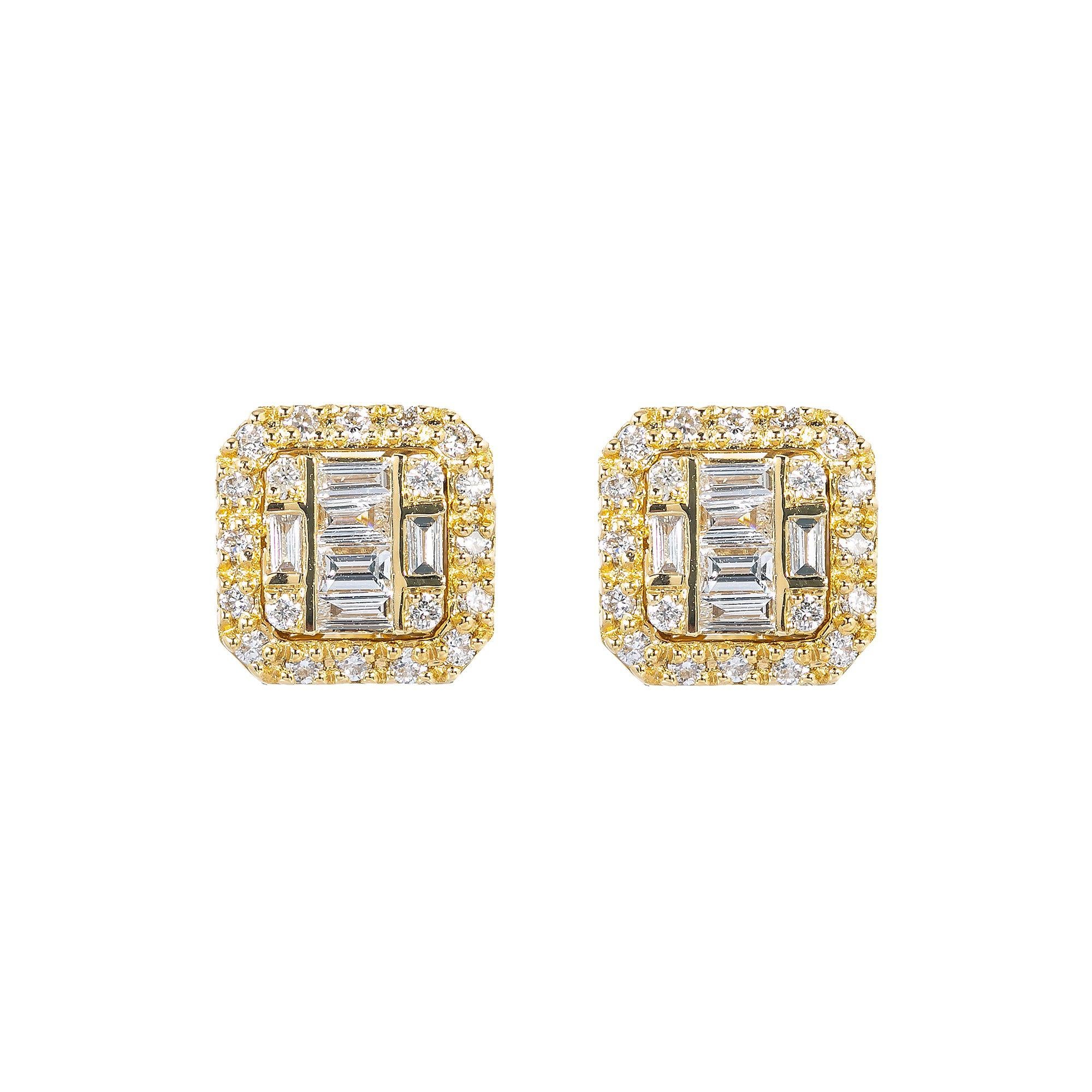 14K Yellow Gold Unisex Earrings with 0.21 Baguette CT Diamond