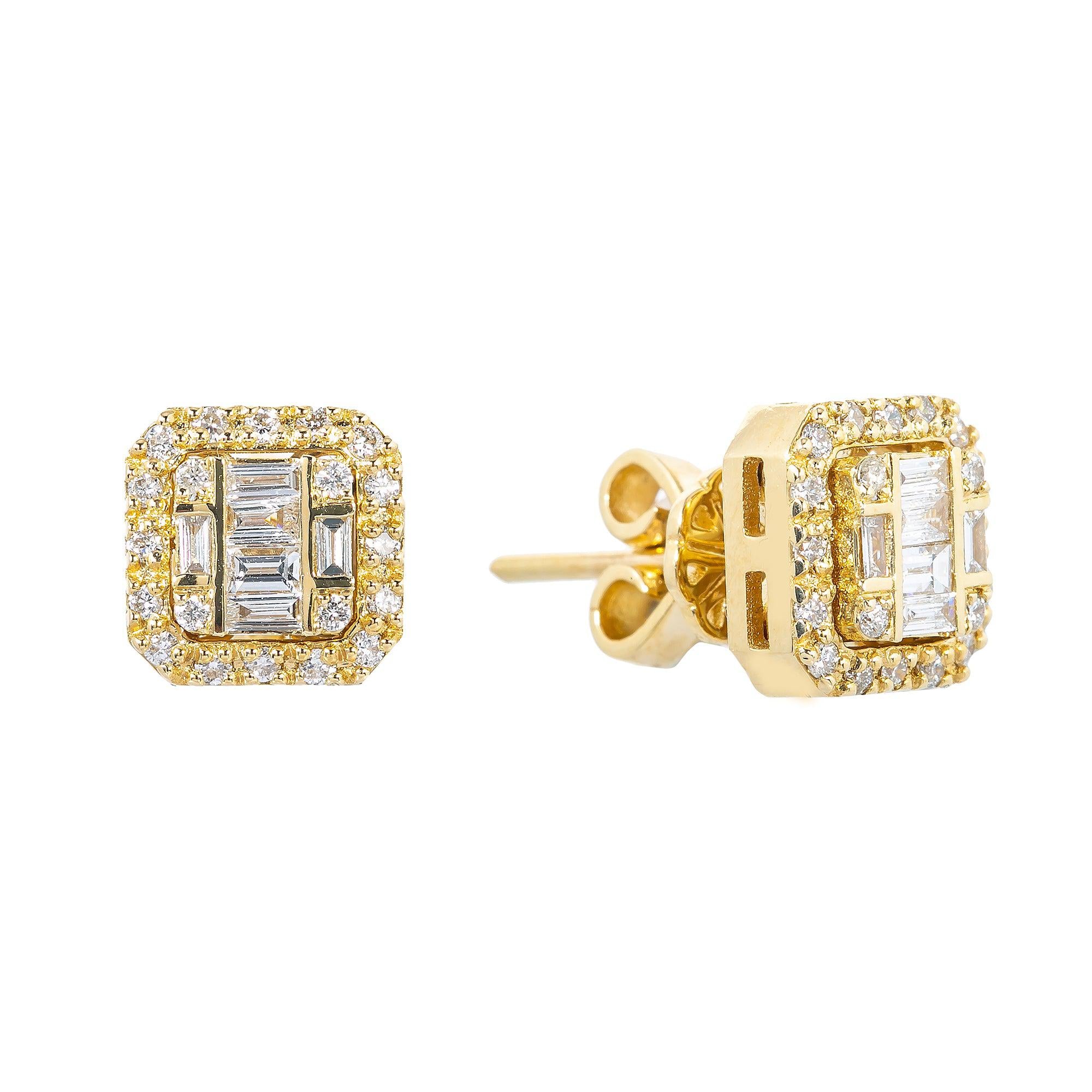 14K Yellow Gold Unisex Earrings with 0.21 Baguette CT Diamond