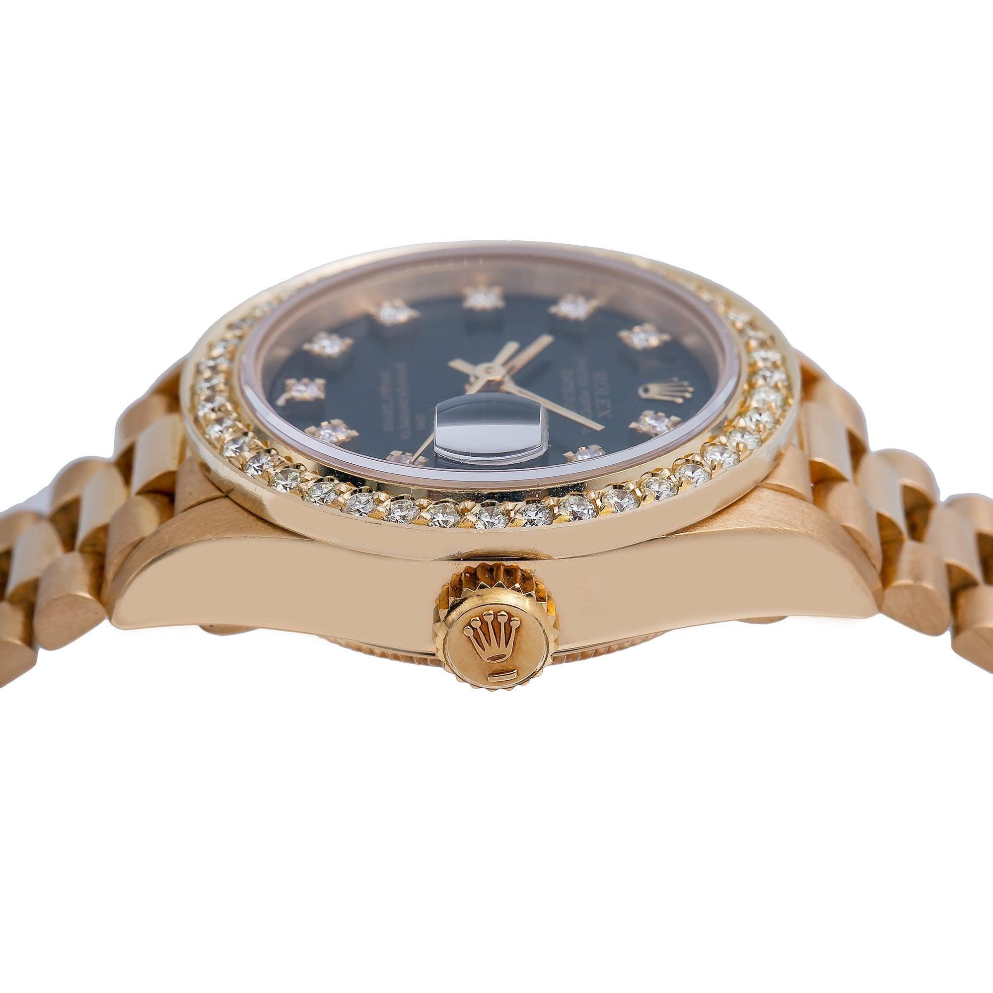 Rolex Datejust 26MM 69178 Black Diamond Dial Diamond Bezel 18K Yellow Gold President Bracelet