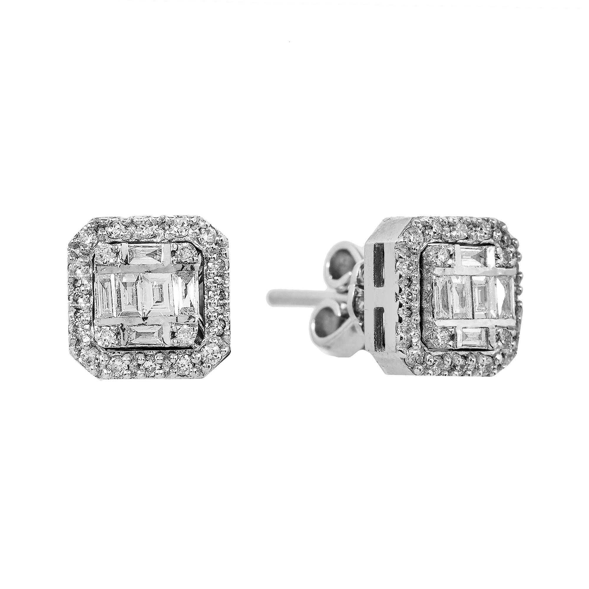 14K White Gold Unisex Earrings with 0.21 Baguette CT Diamond