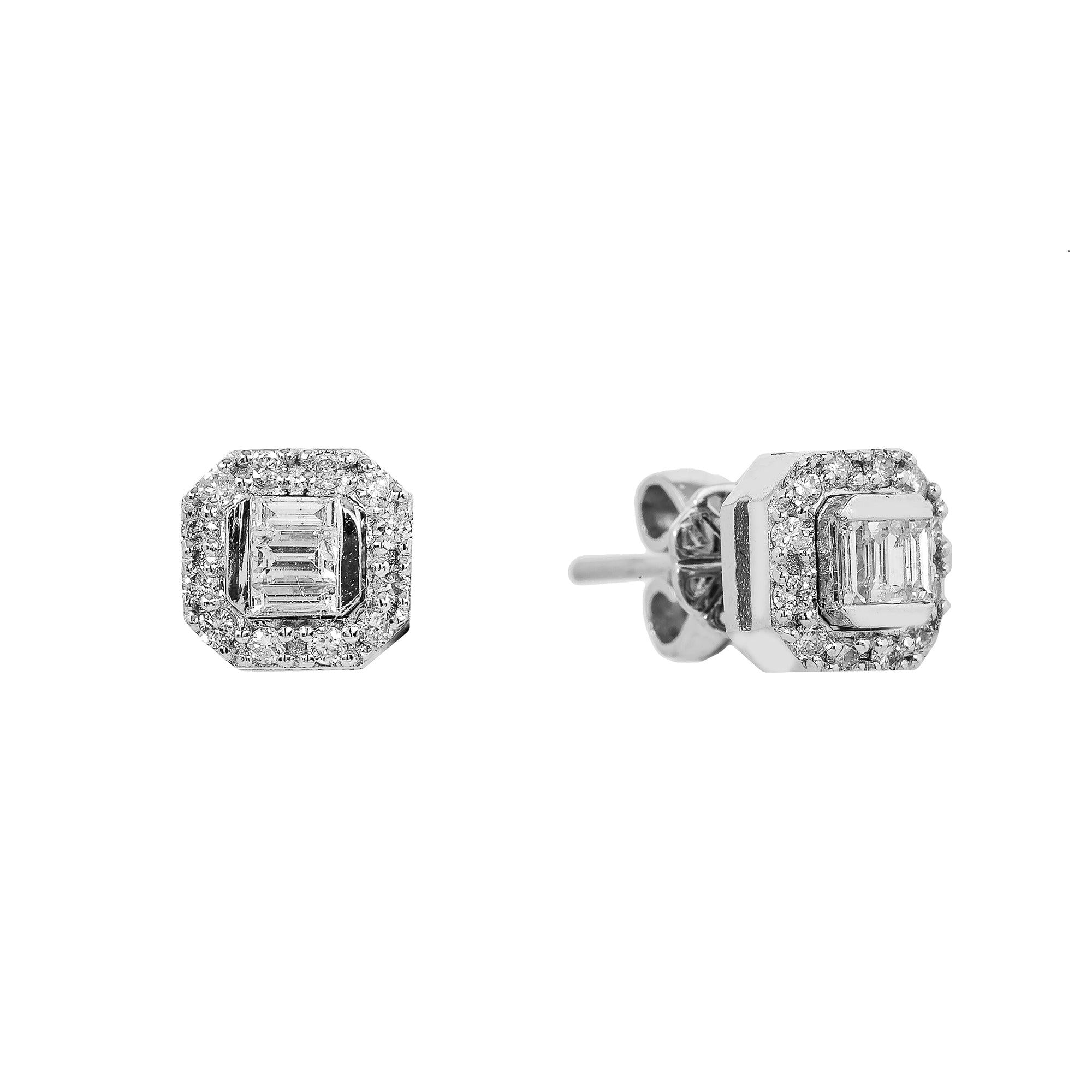 14K White Gold Unisex Earrings with 0.20 Baguette CT Diamond