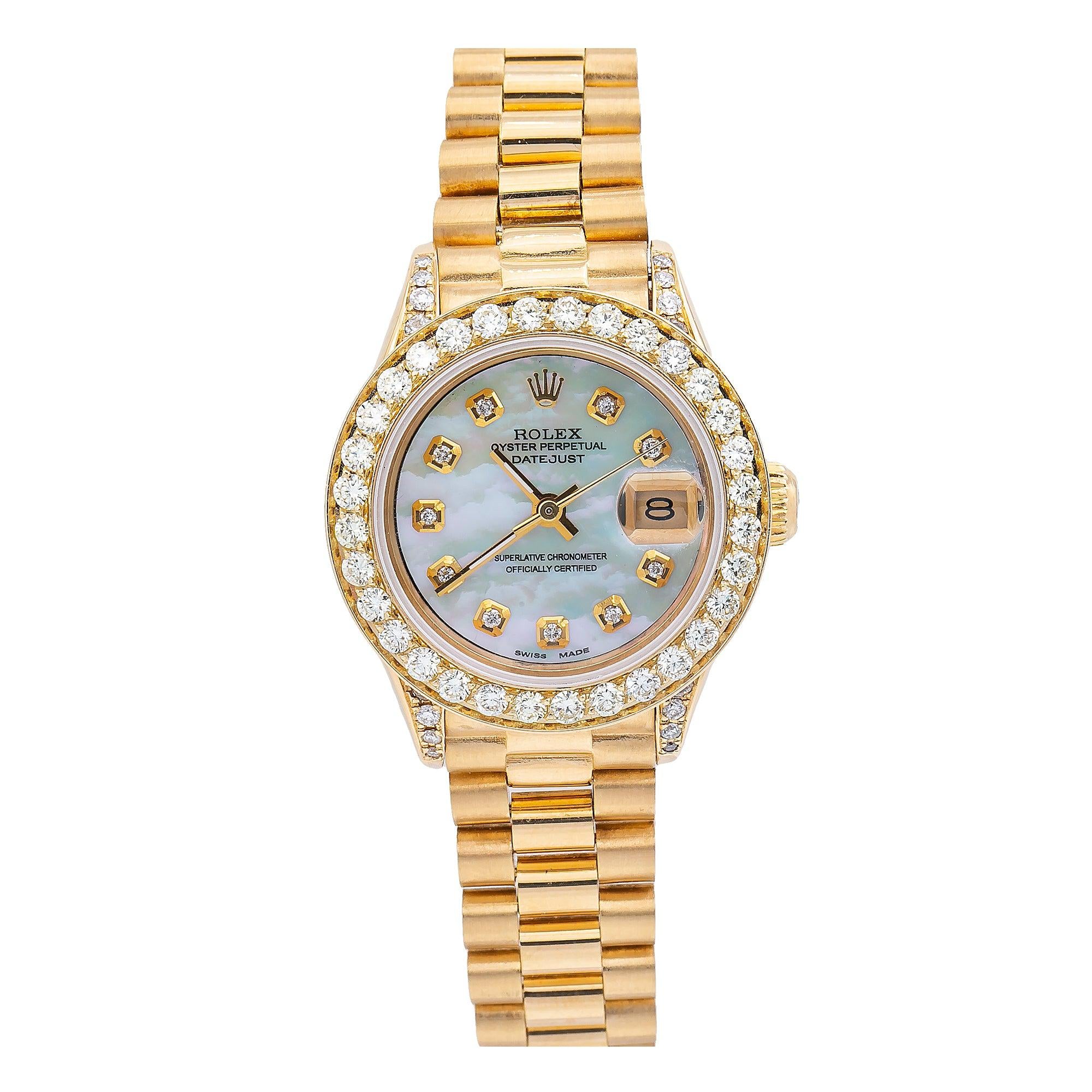 Rolex Datejust 26MM 69178 Mother of Pearl Diamond Dial Diamond Bezel 18K Yellow Gold President Bracelet