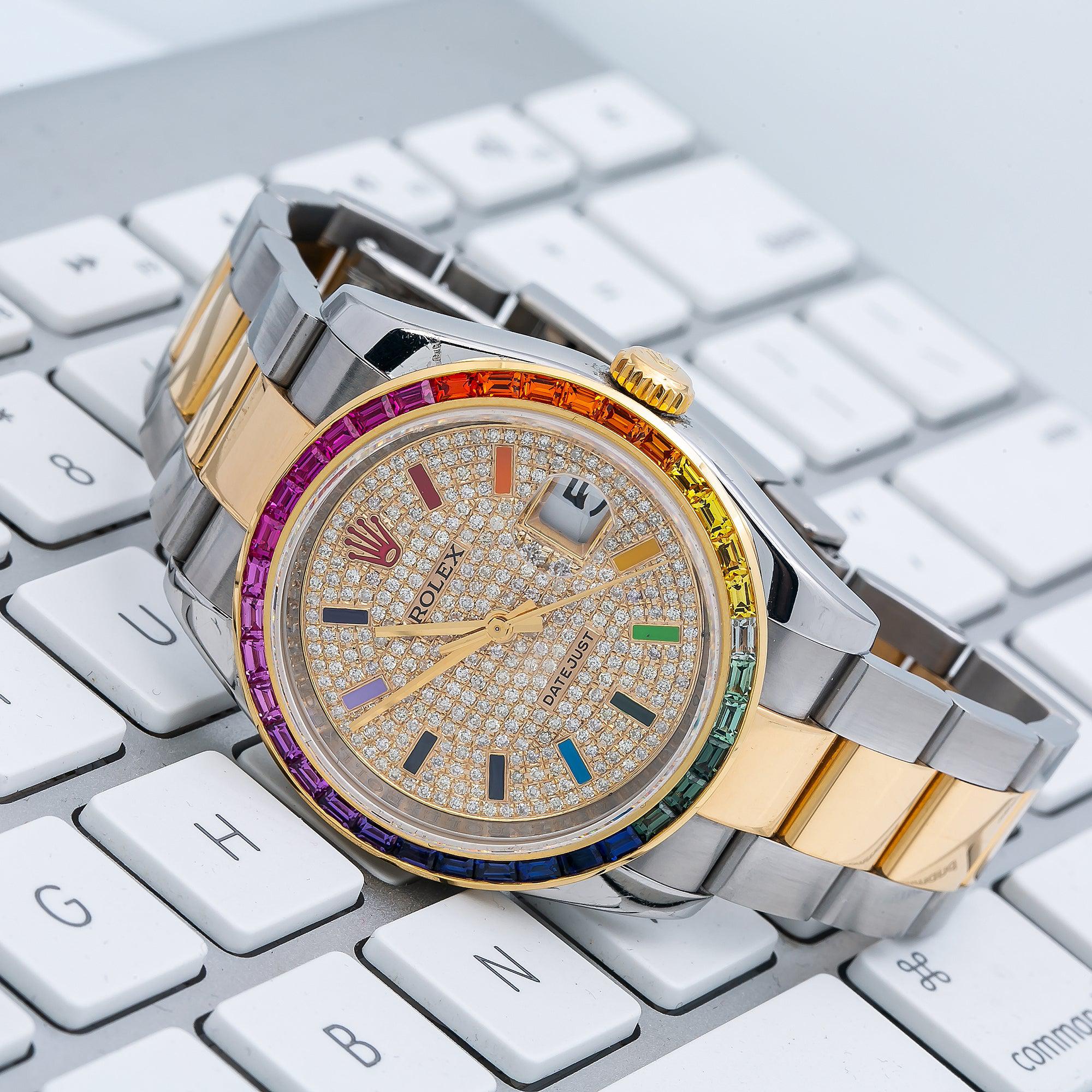 Rolex Datejust 36MM 116203 Diamond Paved Rainbow Eastern Arabic Dial Rainbow Gemstone Bezel Two Tone Yellow Gold Oyster Bracelet