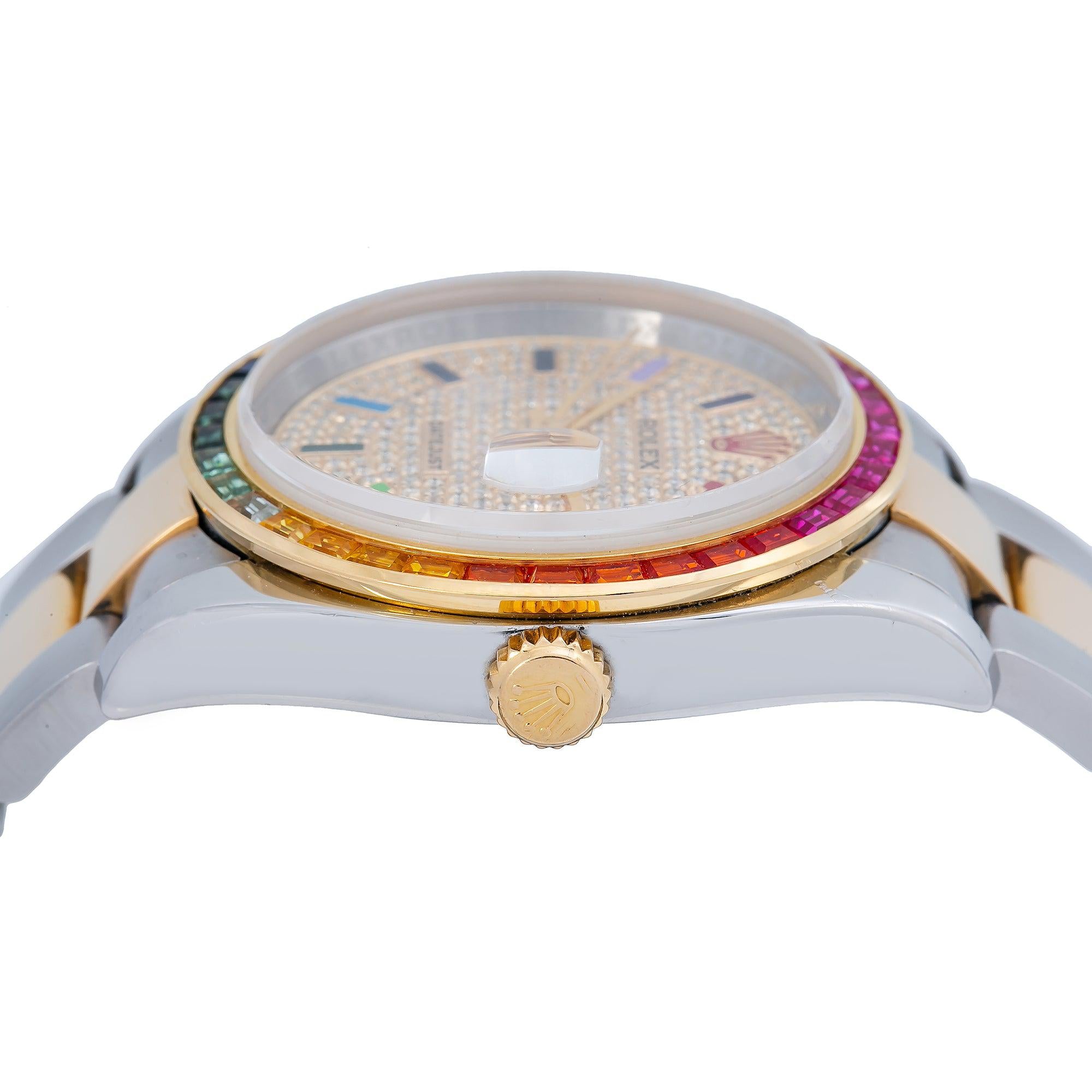 Rolex Datejust 36MM 116203 Diamond Paved Rainbow Eastern Arabic Dial Rainbow Gemstone Bezel Two Tone Yellow Gold Oyster Bracelet