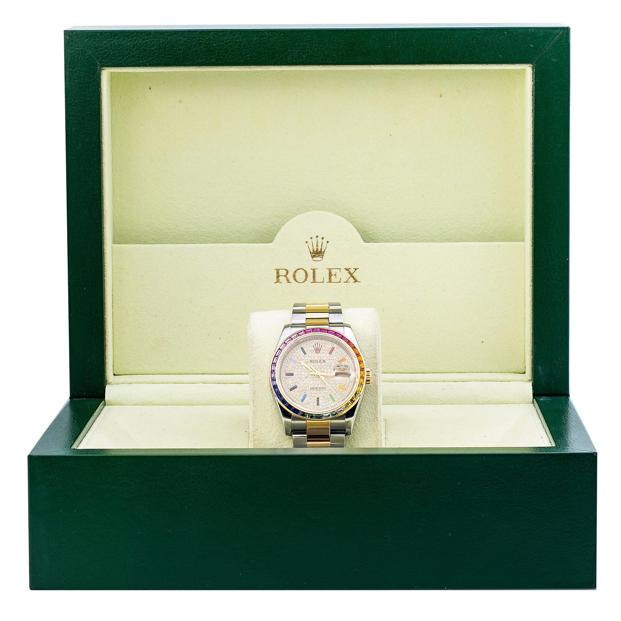Rolex Datejust 36MM 116203 Diamond Paved Rainbow Eastern Arabic Dial Rainbow Gemstone Bezel Two Tone Yellow Gold Oyster Bracelet