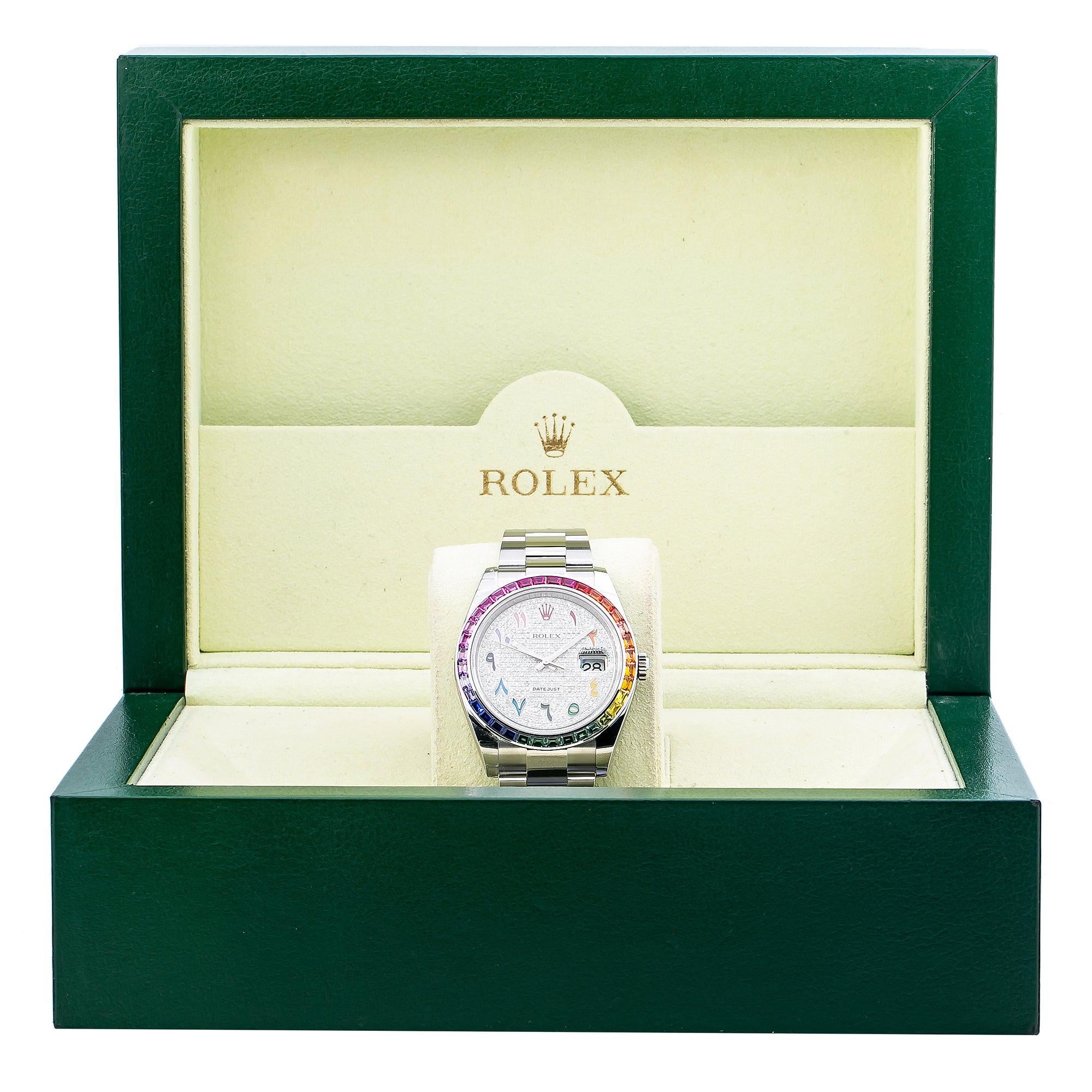 Rolex Datejust 41MM 126300 Diamond Paved Rainbow Eastern Arabic Dial Rainbow Gemstone Bezel Stainless Steel Oyster Bracelet