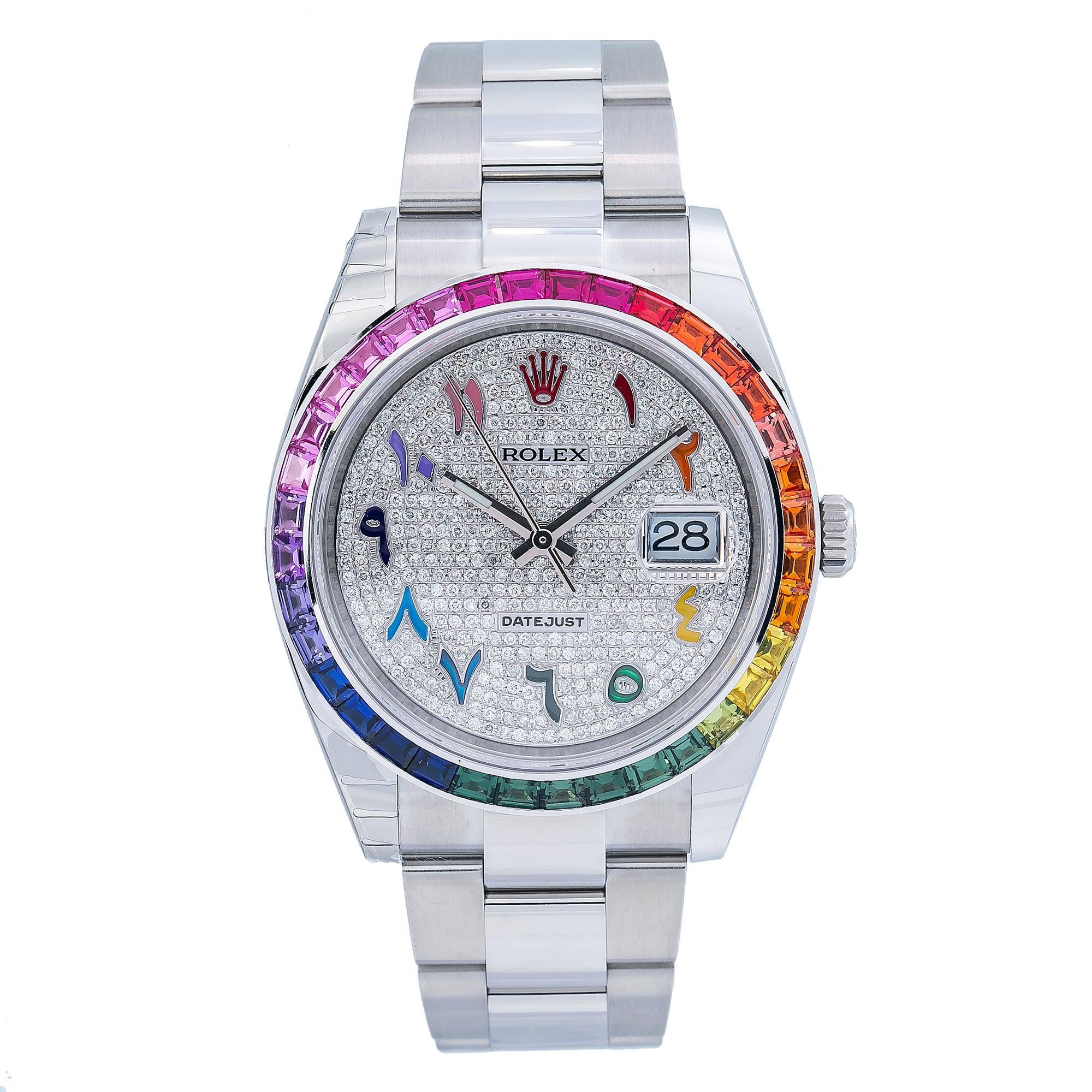 Rolex Datejust 41MM 126300 Diamond Paved Rainbow Eastern Arabic Dial Rainbow Gemstone Bezel Stainless Steel Oyster Bracelet
