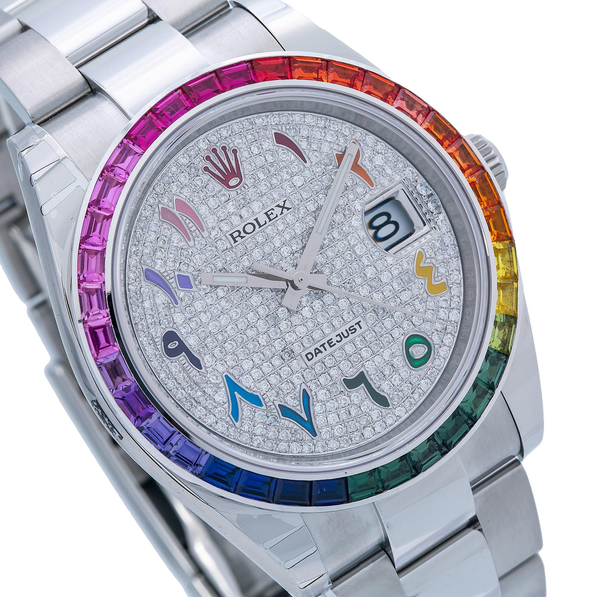 Rolex Datejust 41MM 126300 Diamond Paved Rainbow Eastern Arabic Dial Rainbow Gemstone Bezel Stainless Steel Oyster Bracelet