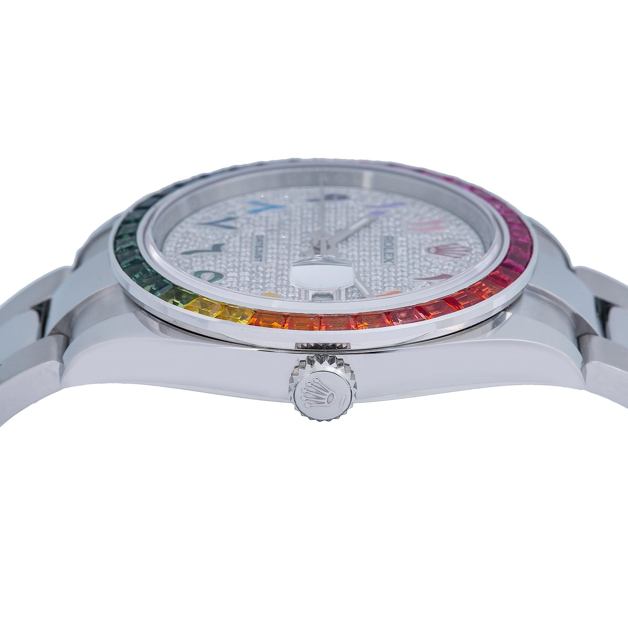 Rolex Datejust 41MM 126300 Diamond Paved Rainbow Eastern Arabic Dial Rainbow Gemstone Bezel Stainless Steel Oyster Bracelet