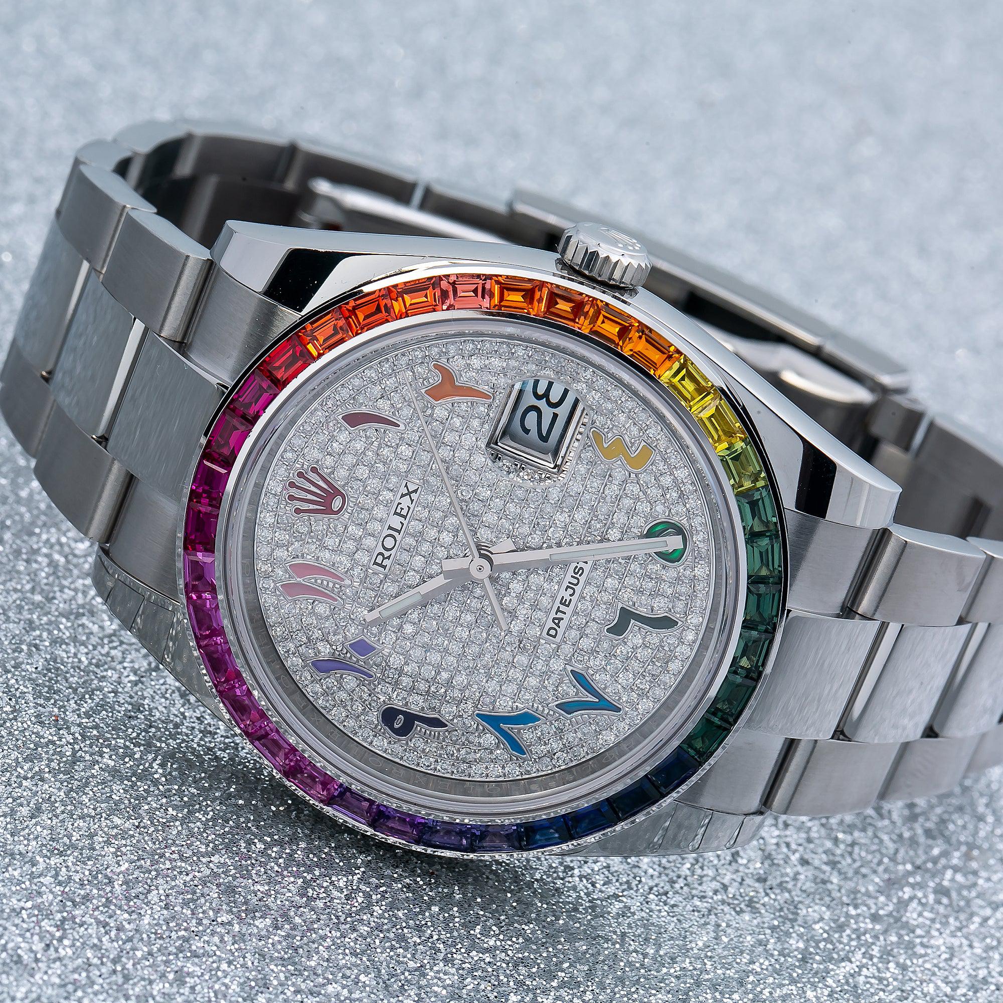 Rolex Datejust 41MM 126300 Diamond Paved Rainbow Eastern Arabic Dial Rainbow Gemstone Bezel Stainless Steel Oyster Bracelet