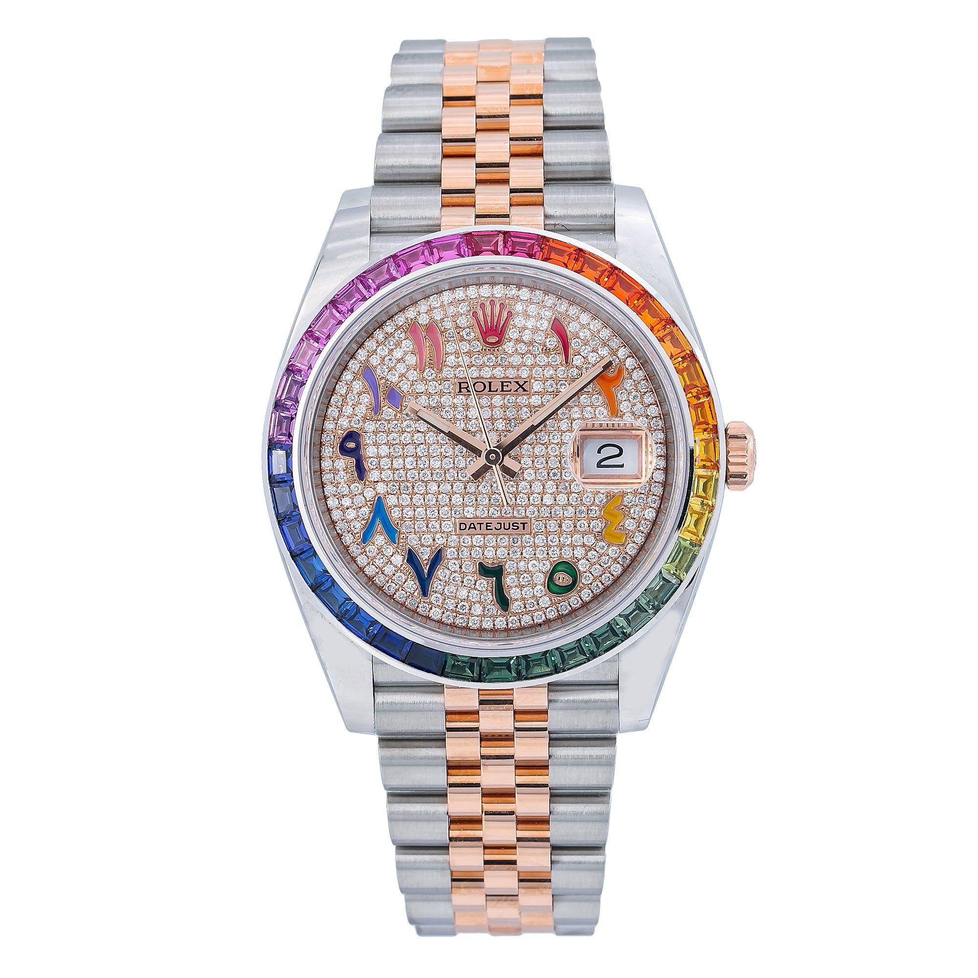 Rolex Datejust 41MM 126331 Diamond Paved Rainbow Eastern Arabic Dial Rainbow Gemstone Bezel Two Tone Jubilee Bracelet