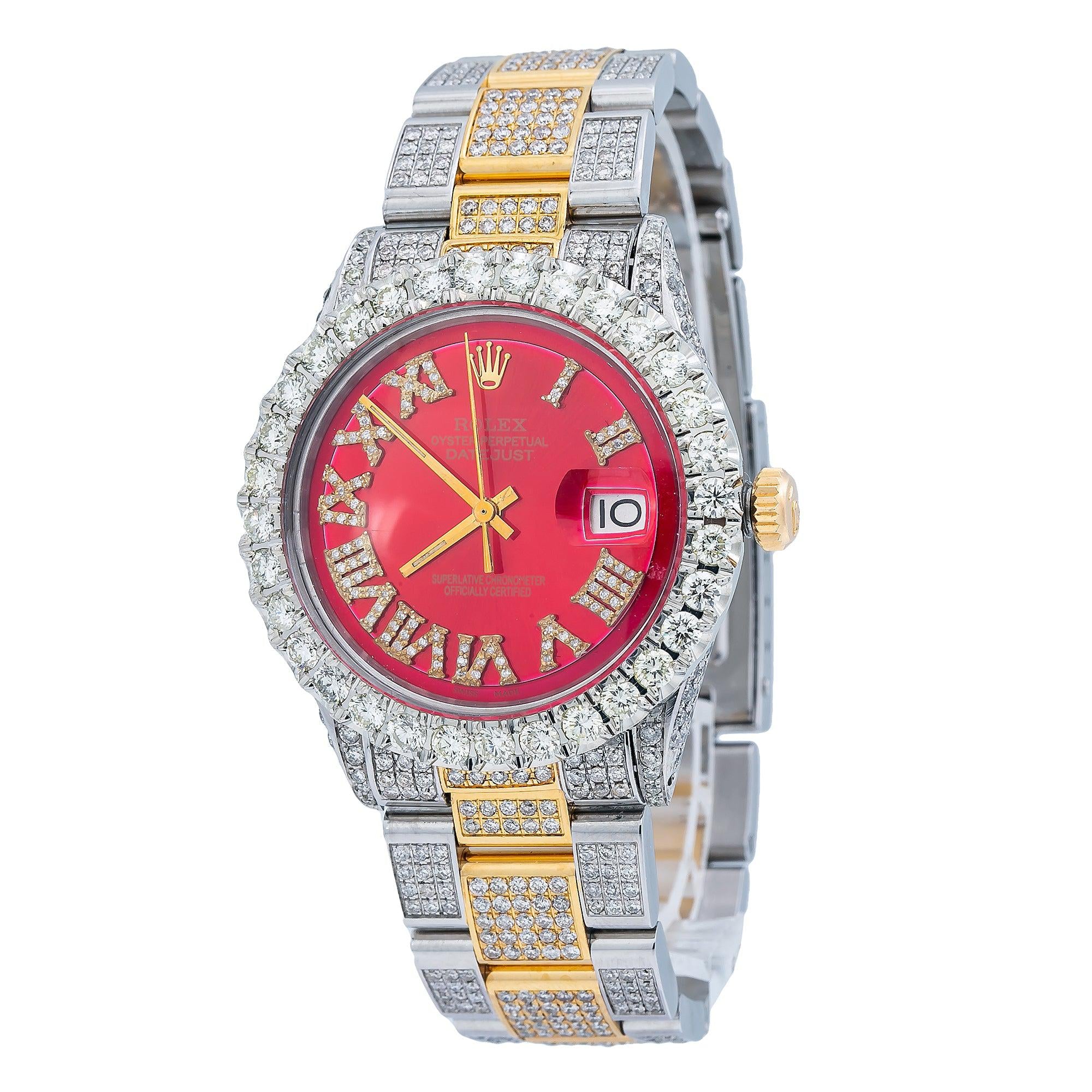 Rolex Datejust 36MM 1601 Red Roman Dial Diamond Bezel Two Tone Full Diamond Oyster Bracelet 9.75ct