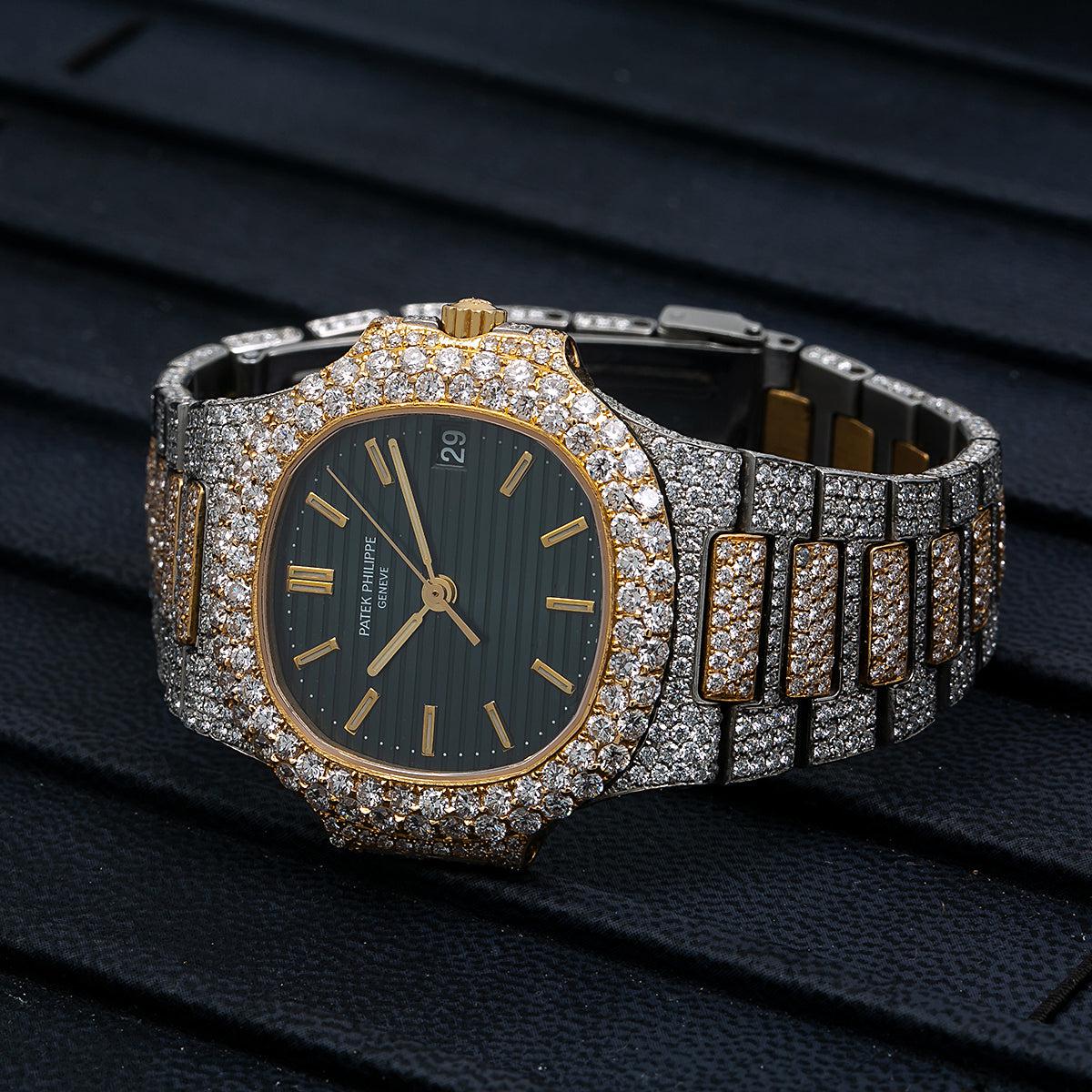 Patek Philippe Nautilus 37.5MM 3800 Black Dial Diamond Paved Bezel Two Tone 18K Yellow Gold Full Diamond Bracelet 12.25ct