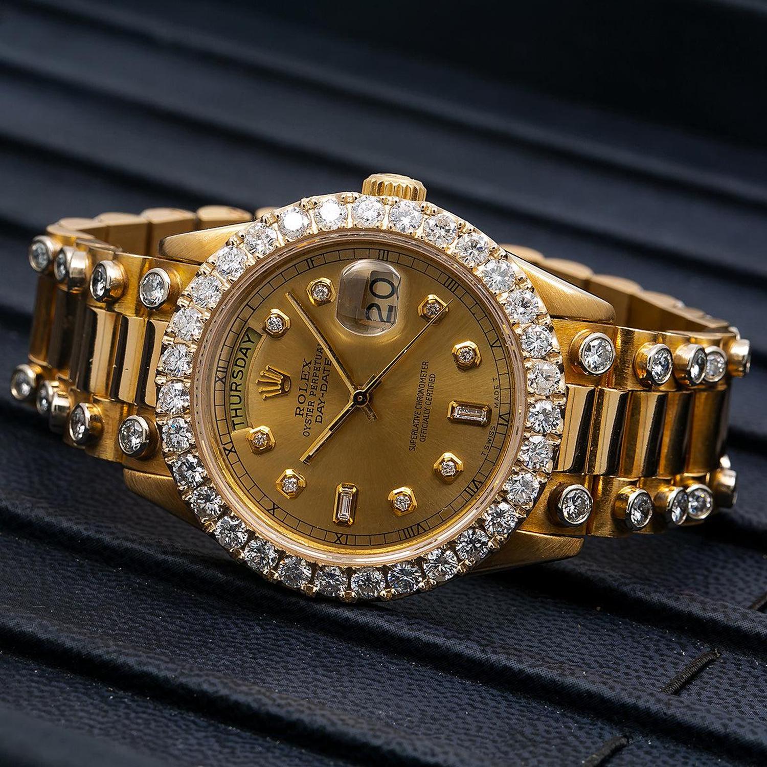 Rolex Day-Date 36MM 18038 Champagne Diamond Dial Diamond Bezel 18K Yellow Gold Semi Diamond President Bracelet 5.25ct