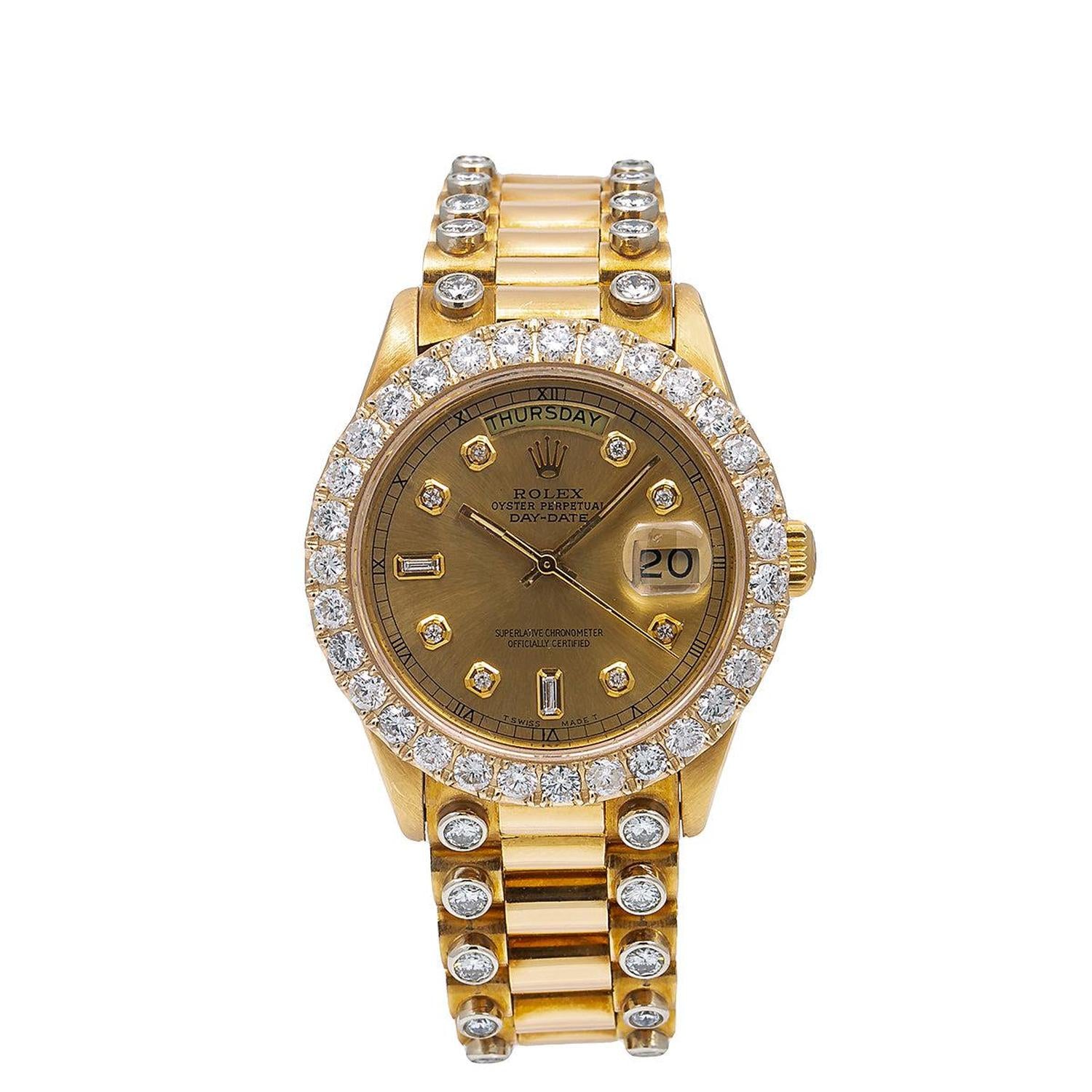 Rolex Day-Date 36MM 18038 Champagne Diamond Dial Diamond Bezel 18K Yellow Gold Semi Diamond President Bracelet 5.25ct