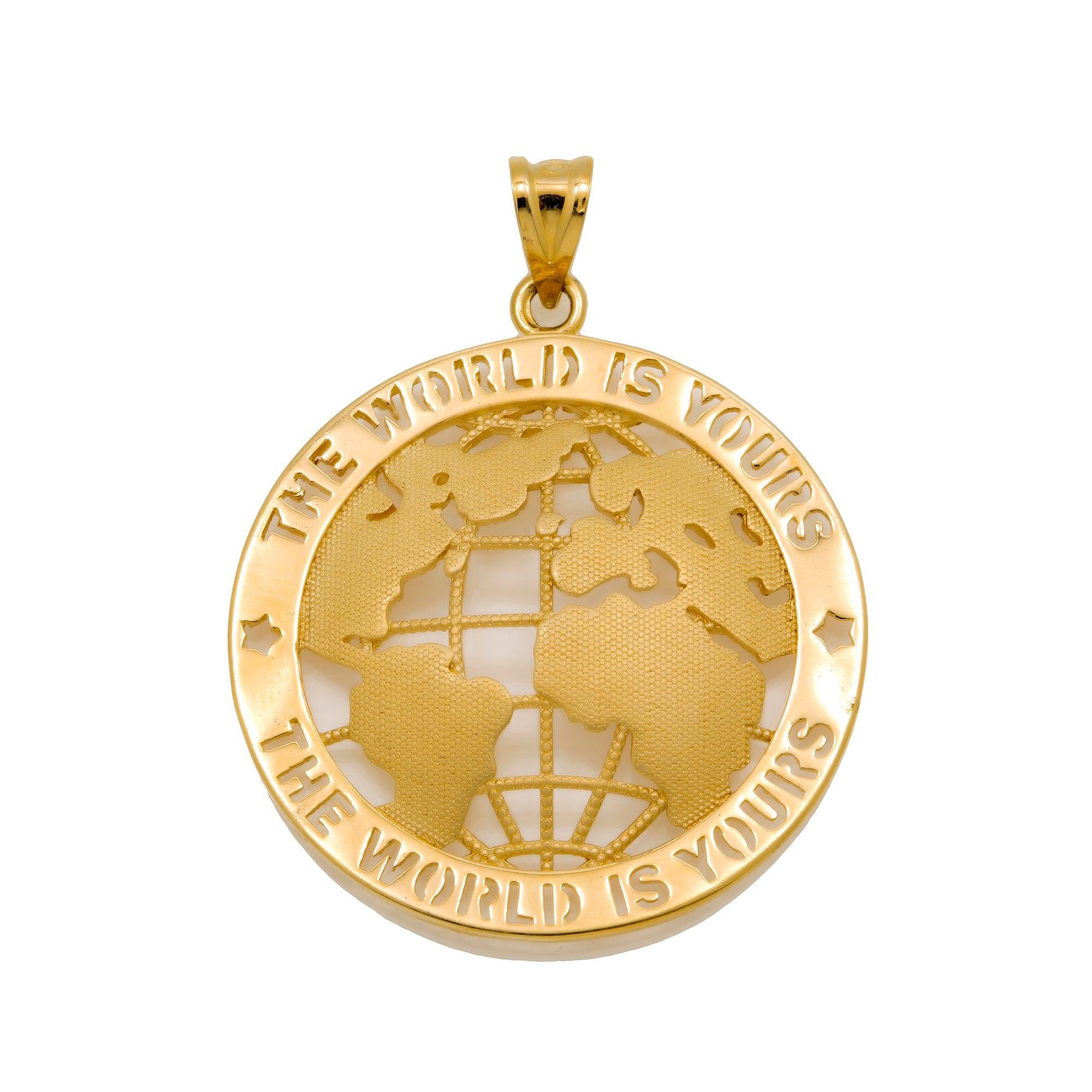 10K GOLD THE WORLD IS YOURS PENDANT 1.75"