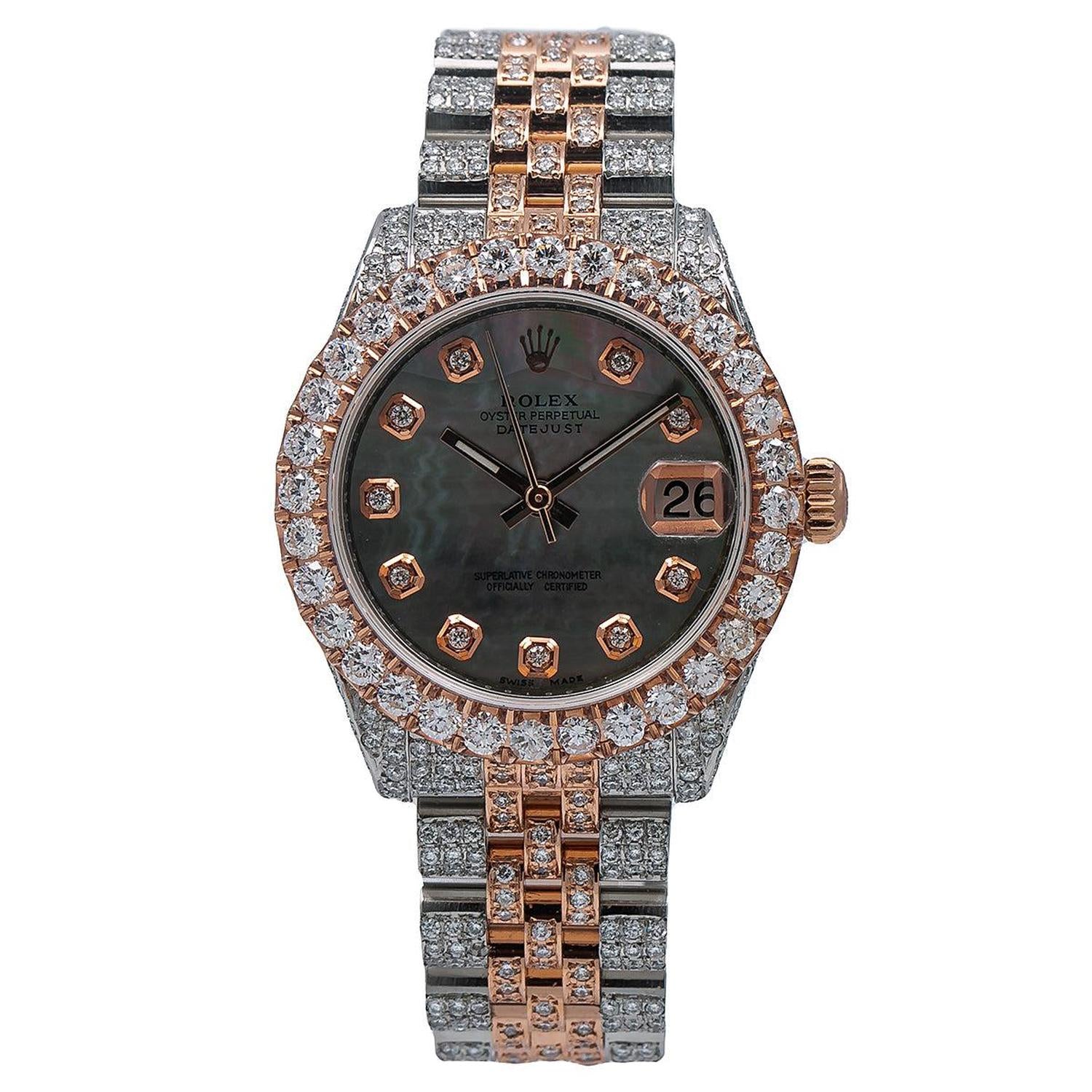 Rolex Datejust 31MM 178271 Black Mother of Pearl Diamond Dial Diamond Bezel Two Tone Full Diamond Jubilee Bracelet 9.65ct
