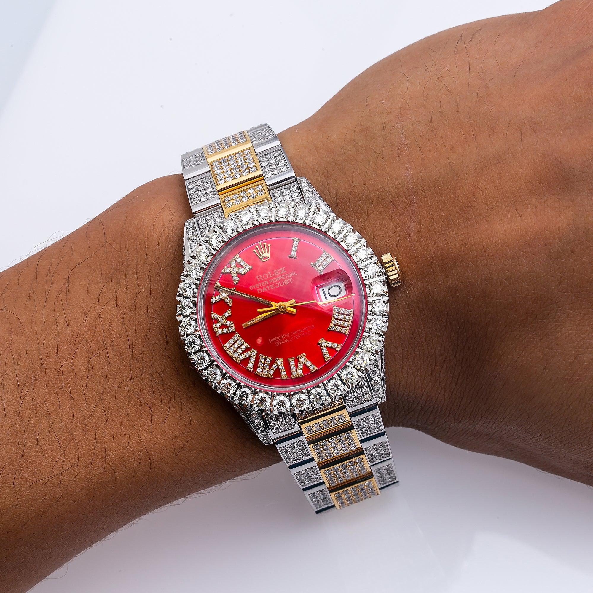 Rolex Datejust 36MM 1601 Red Roman Diamond Dial Diamond Bezel Two Tone Yellow Gold Full Diamond Oyster Bracelet 9.75ct