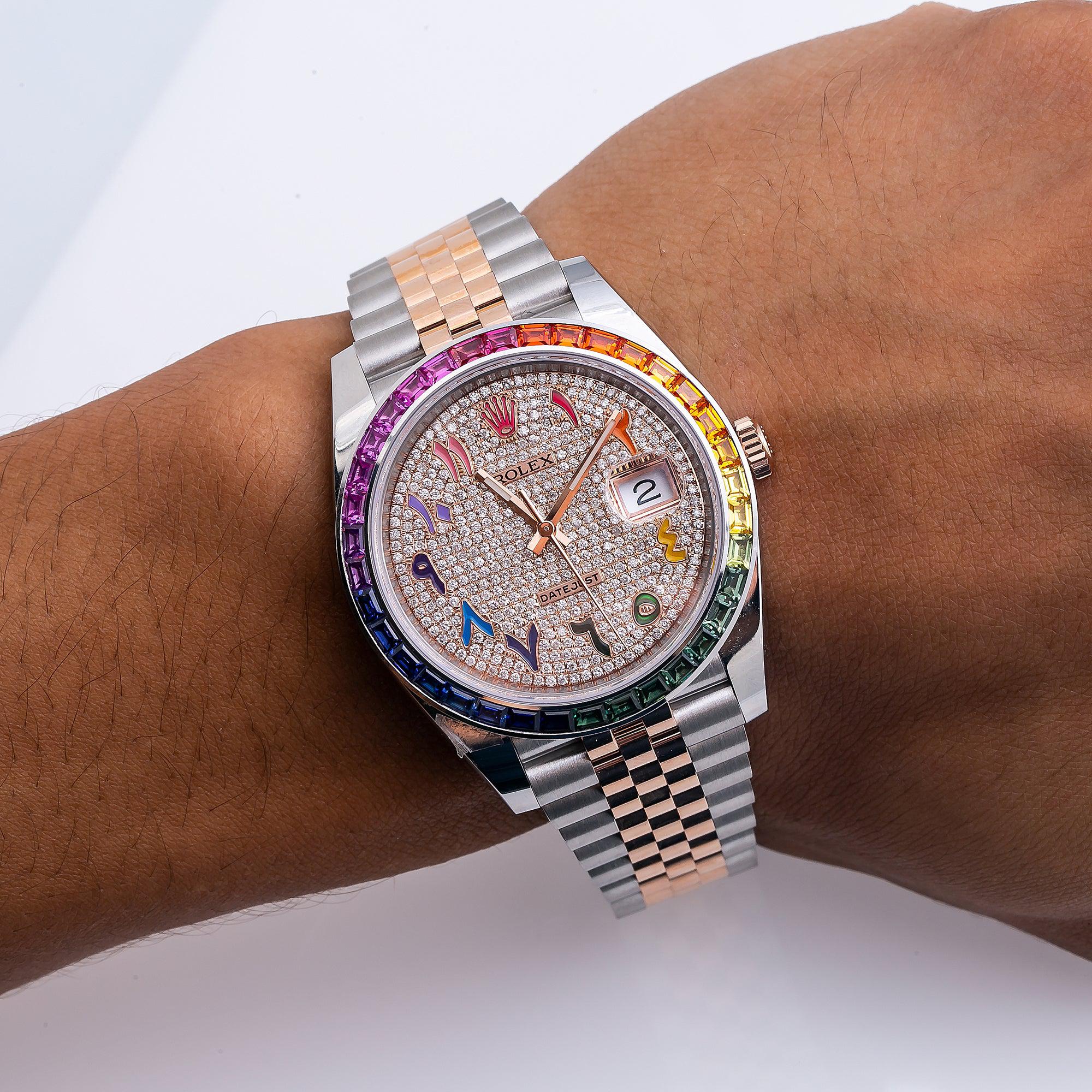 Rolex Datejust 41MM 126331 Diamond Paved Rainbow Eastern Arabic Dial Rainbow Gemstone Bezel Two Tone Rose Gold Jubilee Bracelet