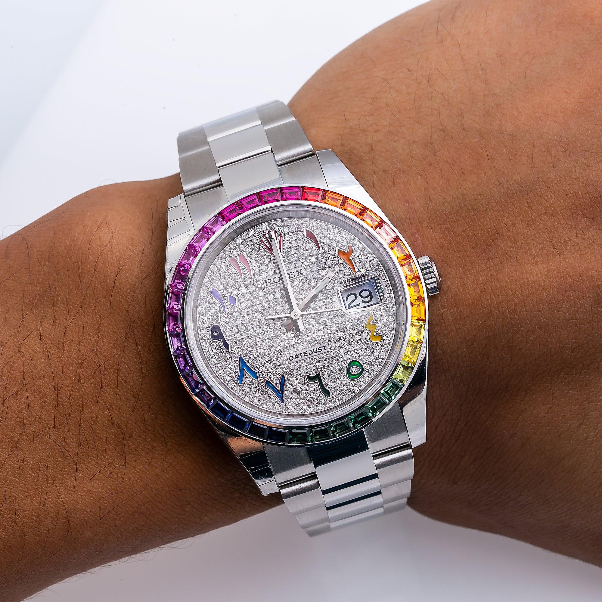 Rolex Datejust 41MM 126300 Diamond Paved Rainbow Eastern Arabic Dial Rainbow Gemstone Bezel Stainless Steel Oyster Bracelet
