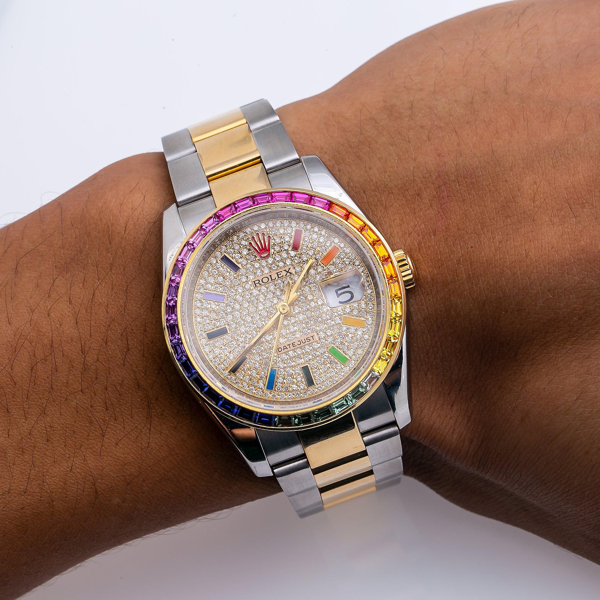 Rolex Datejust 36MM 116203 Diamond Paved Rainbow Eastern Arabic Dial Rainbow Gemstone Bezel Two Tone Yellow Gold Oyster Bracelet