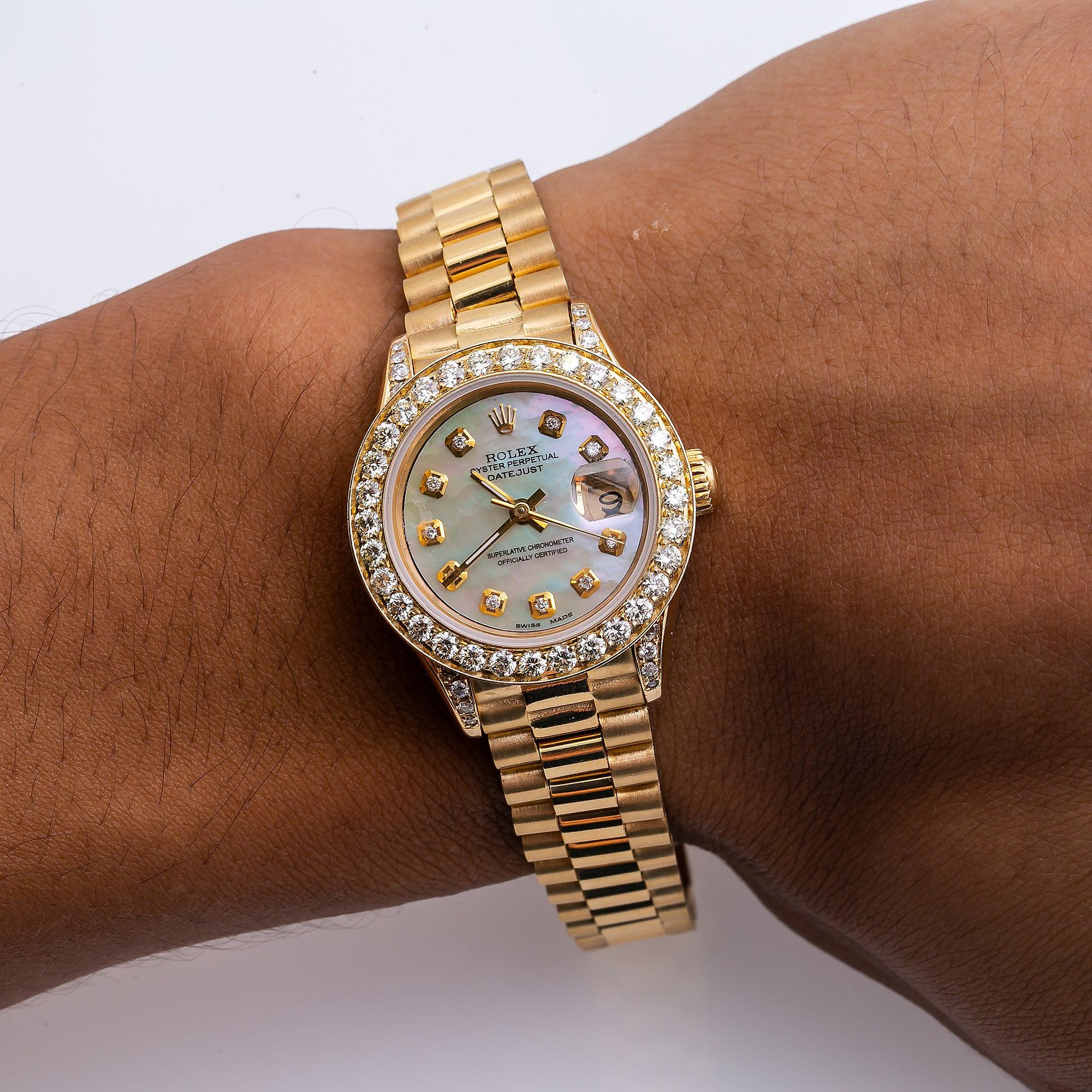 Rolex Datejust 26MM 69178 White Mother of Pearl Diamond Dial Diamond Bezel 18K Yellow Gold President Bracelet