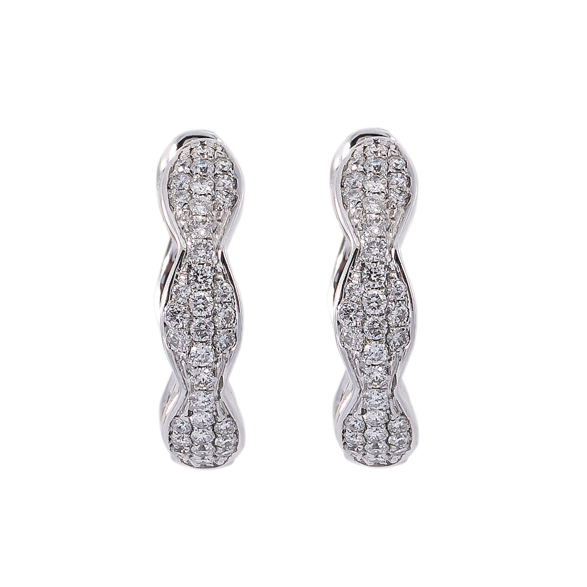 14K White Gold Ladies Hoop Earrings Pave Set With 0.95 CT Diamonds