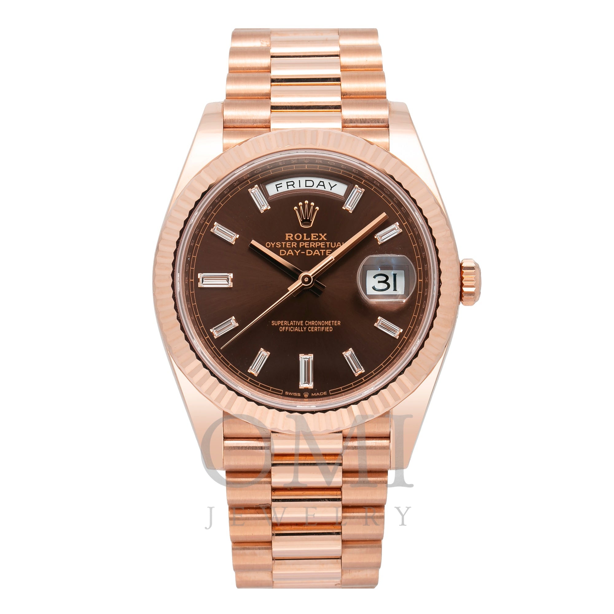 ROLEX DAY-DATE 40MM CHOCOLATE DIAMOND DIAL WITH ROSE GOLD PRESI